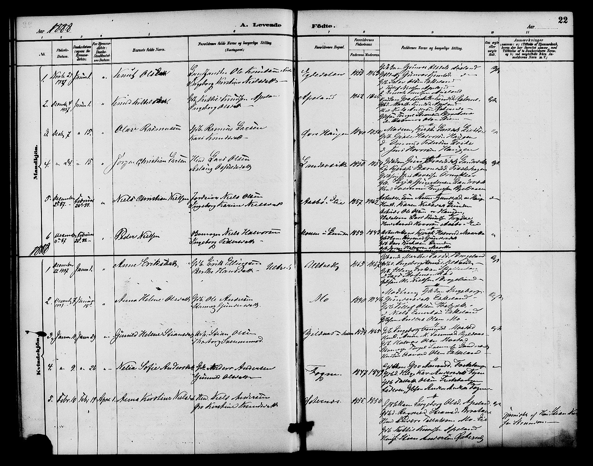 Gjerstad sokneprestkontor, AV/SAK-1111-0014/F/Fa/Faa/L0009: Parish register (official) no. A 9, 1885-1890, p. 22