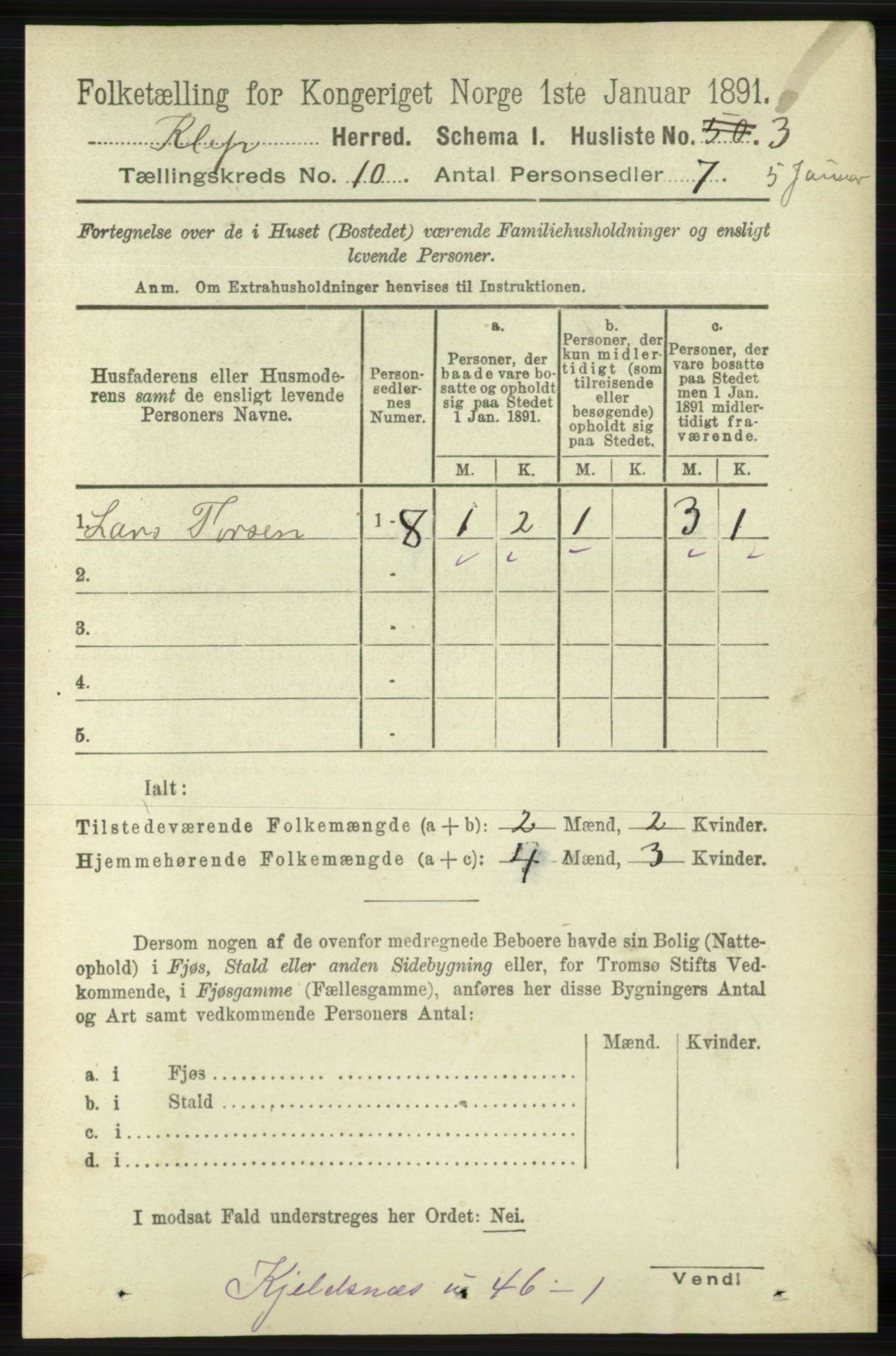 RA, 1891 census for 1120 Klepp, 1891, p. 2821