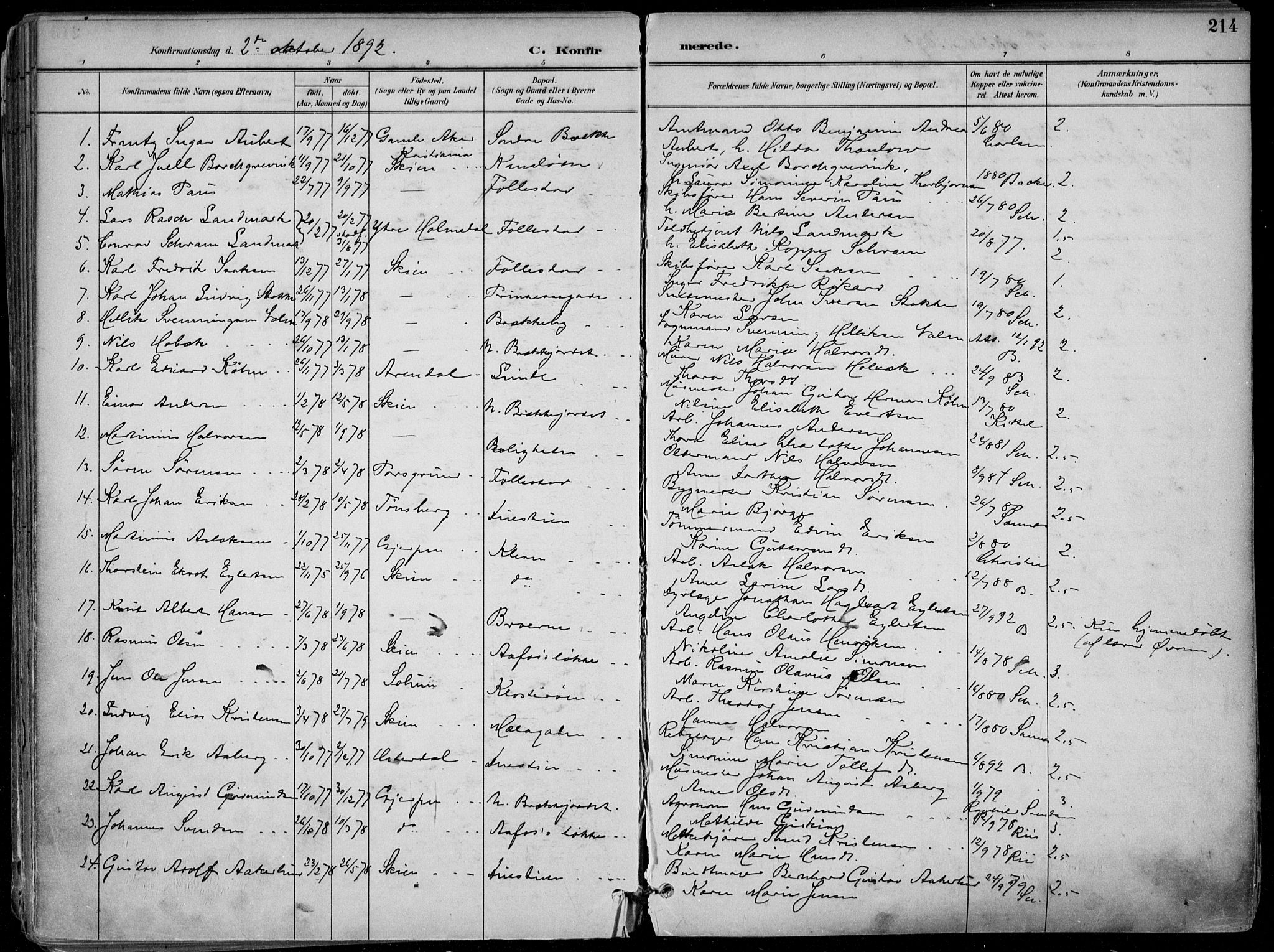 Skien kirkebøker, SAKO/A-302/F/Fa/L0010: Parish register (official) no. 10, 1891-1899, p. 214