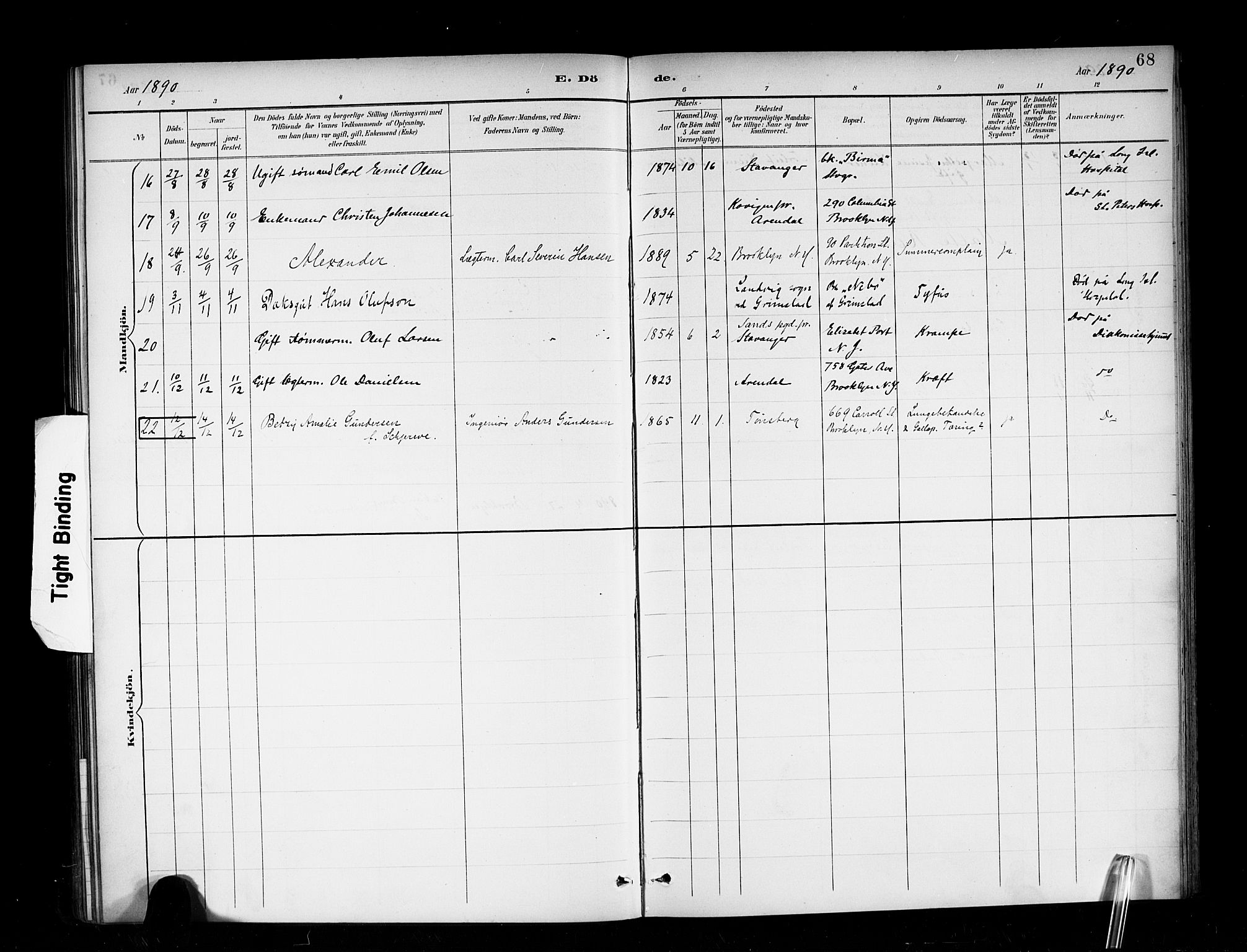 Den norske sjømannsmisjon i utlandet/New York, AV/SAB-SAB/PA-0110/H/Ha/L0003: Parish register (official) no. A 3, 1888-1893, p. 68