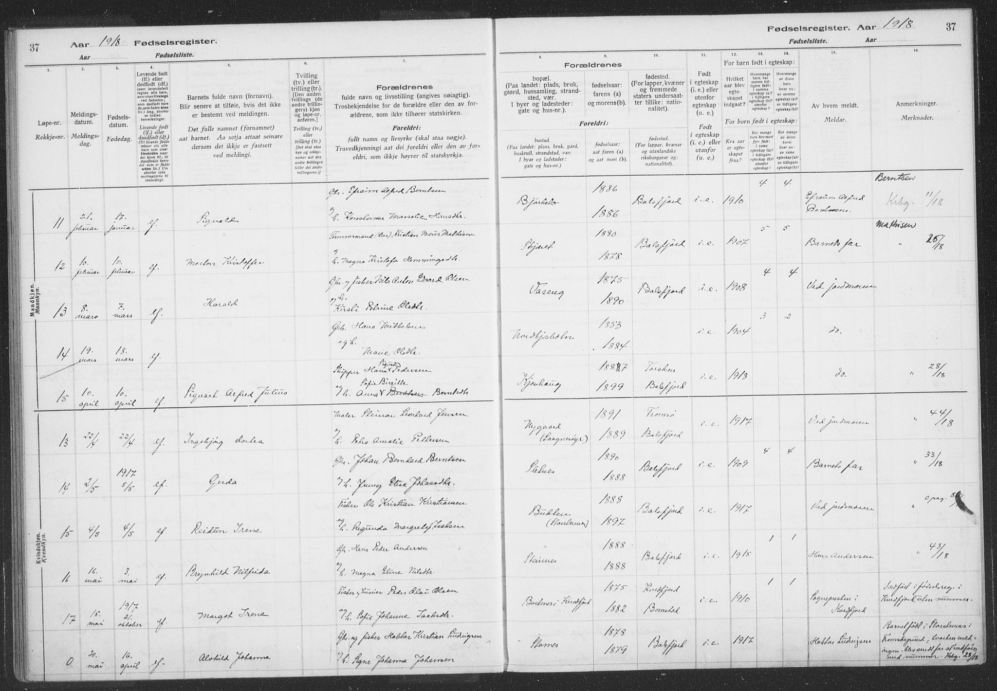 Balsfjord sokneprestembete, AV/SATØ-S-1303/H/Hb/L0059: Birth register no. 59, 1916-1930, p. 37