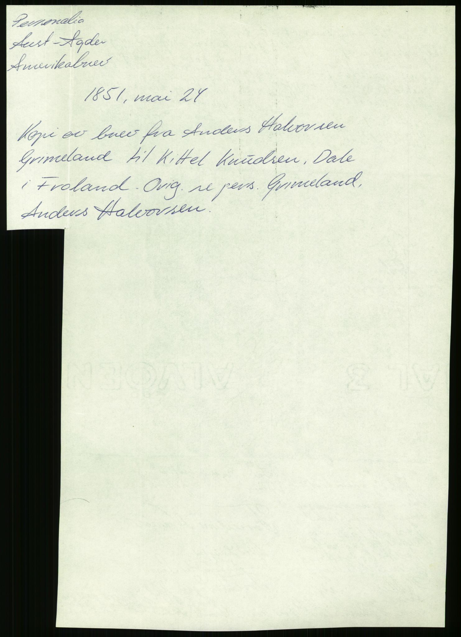 Samlinger til kildeutgivelse, Amerikabrevene, AV/RA-EA-4057/F/L0026: Innlån fra Aust-Agder: Aust-Agder-Arkivet - Erickson, 1838-1914, p. 22