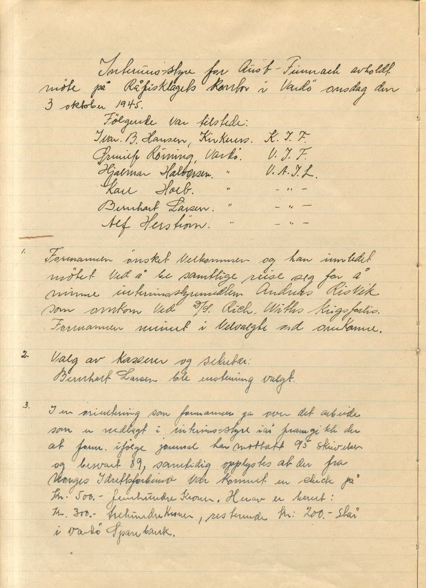 Aust-Finnmark Idrettskrets , FMFB/A-1041/A/L0001: Møteprotokoll for interimstyre, 1945-1951, p. 4