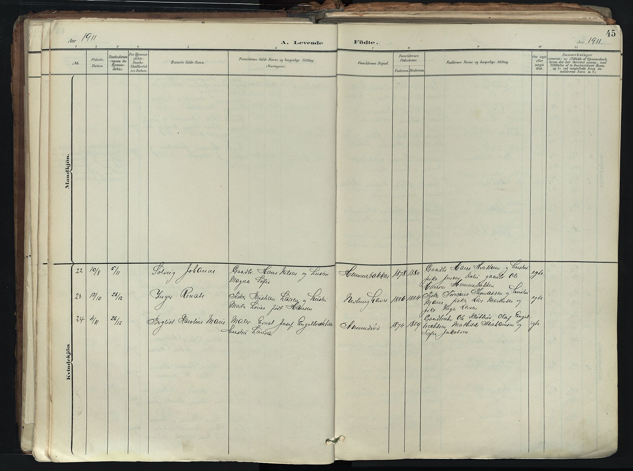 Brunlanes kirkebøker, AV/SAKO-A-342/F/Fb/L0003: Parish register (official) no. II 3, 1900-1922, p. 45