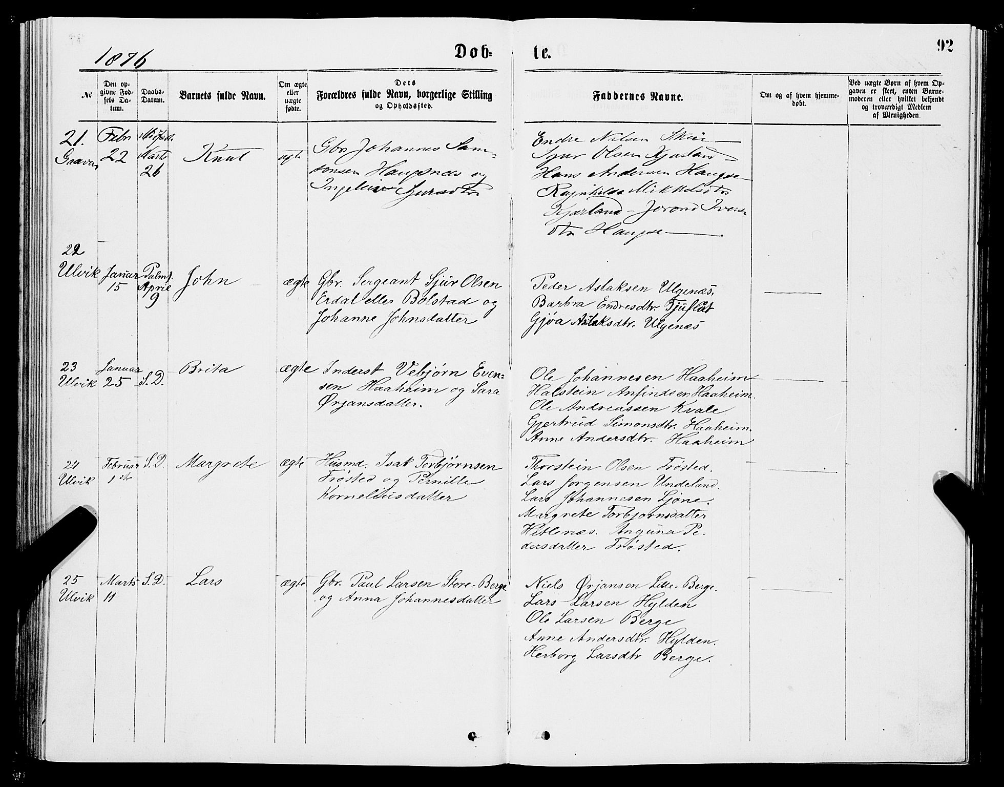 Ulvik sokneprestembete, AV/SAB-A-78801/H/Haa: Parish register (official) no. A 16, 1870-1878, p. 92