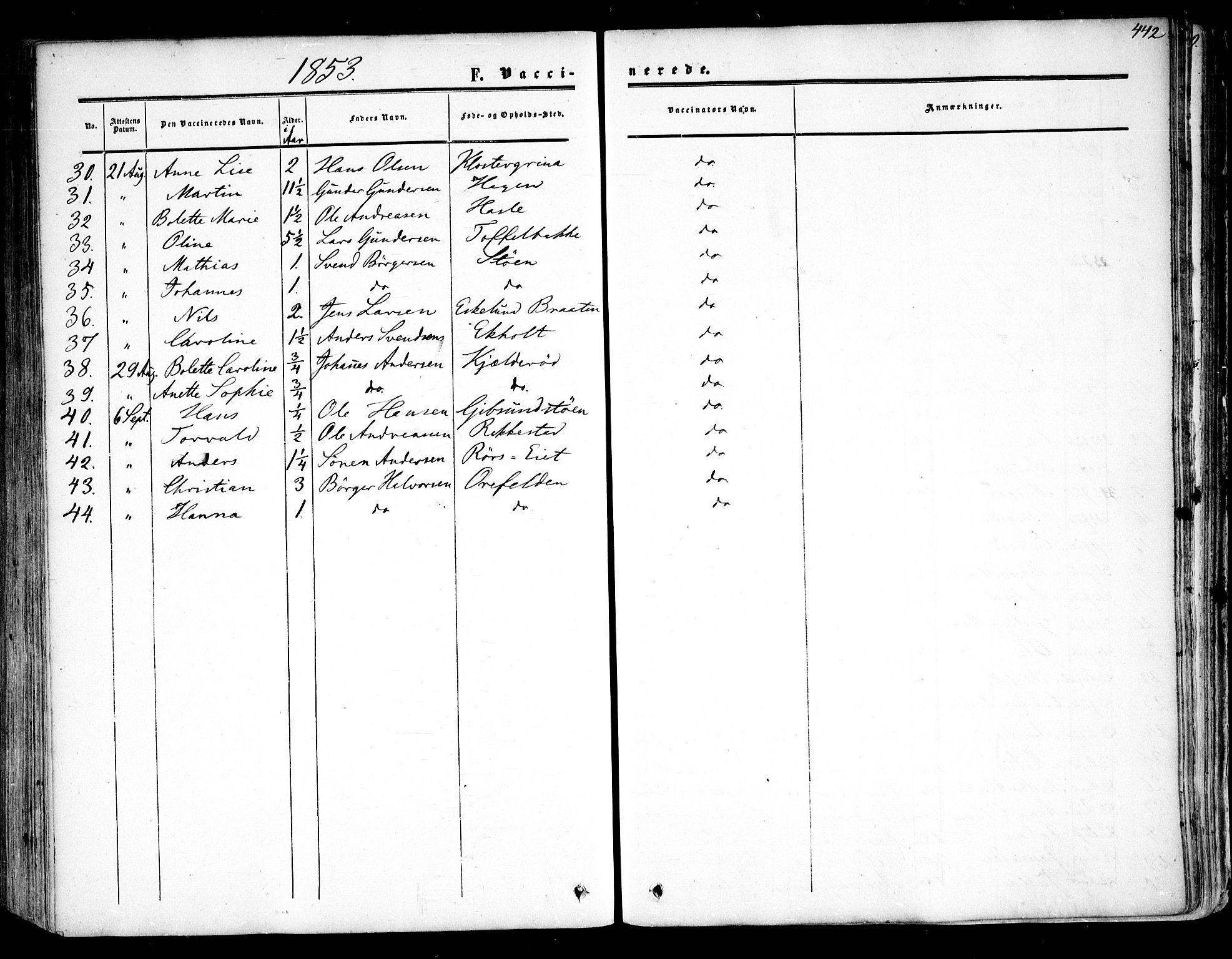 Rygge prestekontor Kirkebøker, AV/SAO-A-10084b/F/Fa/L0005: Parish register (official) no. 5, 1852-1871, p. 442