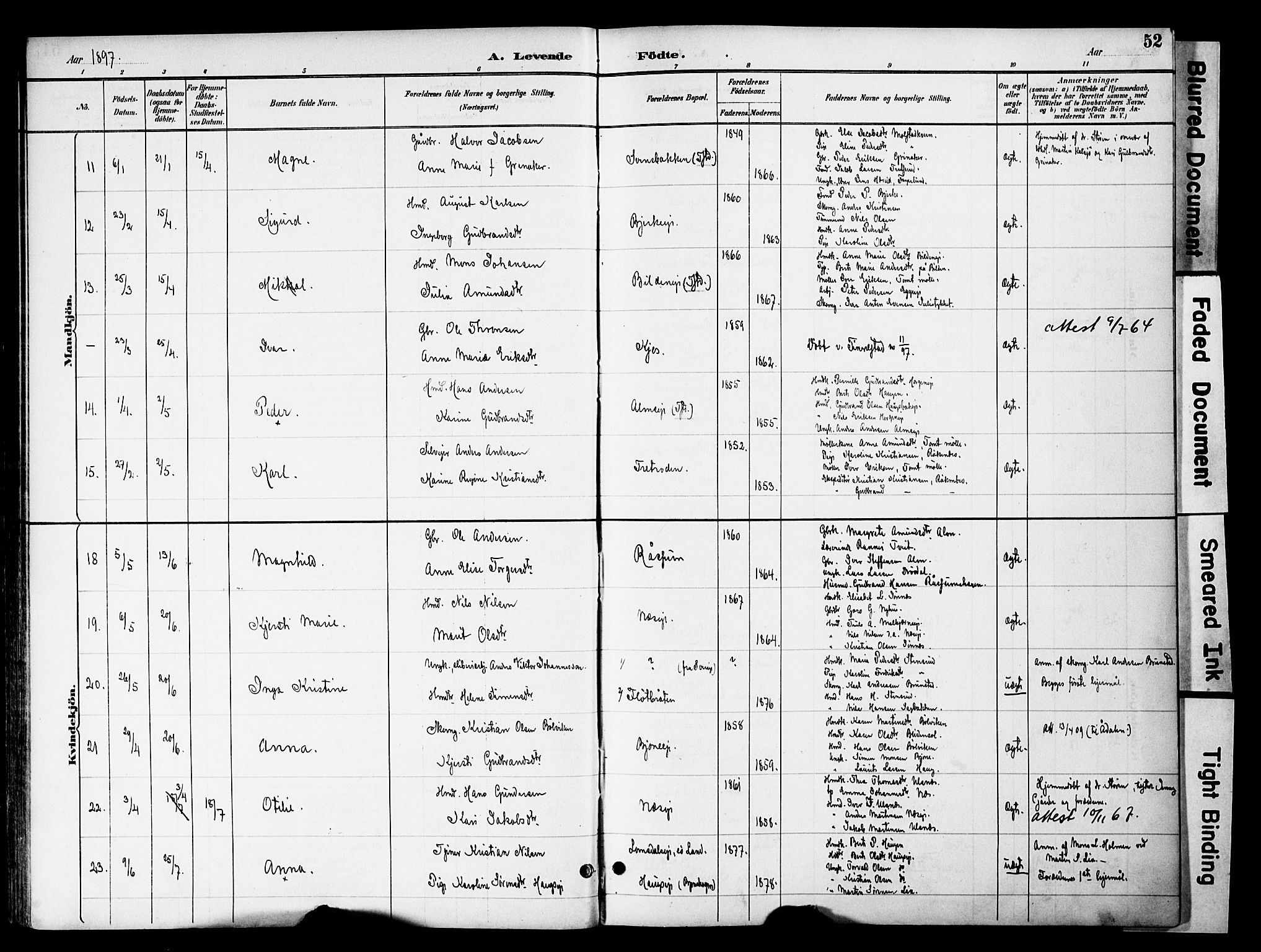 Gran prestekontor, SAH/PREST-112/H/Ha/Haa/L0020: Parish register (official) no. 20, 1889-1899, p. 52