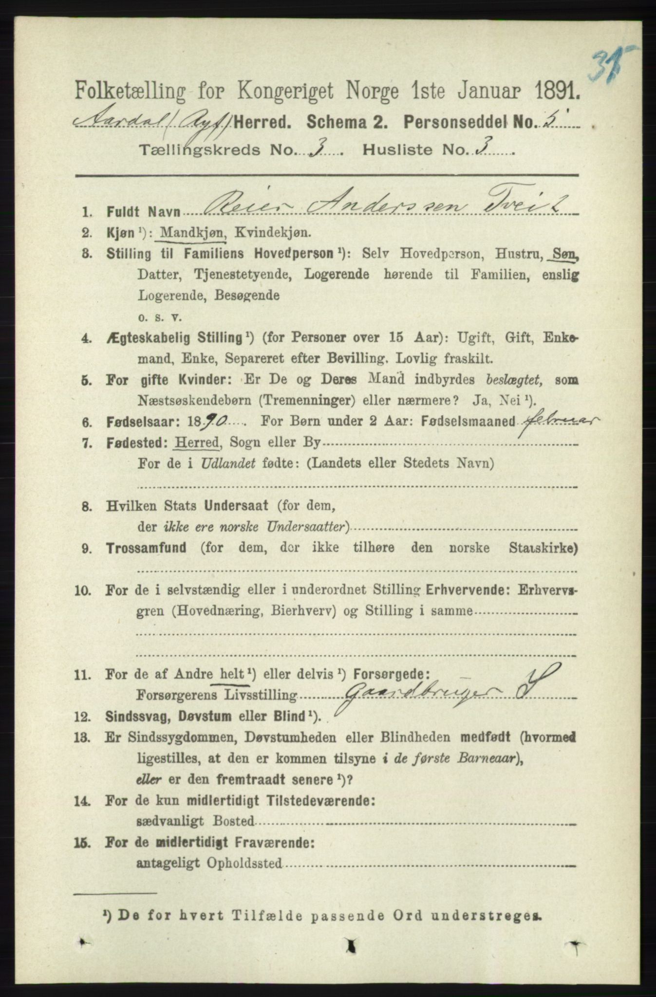 RA, 1891 census for 1131 Årdal, 1891, p. 841