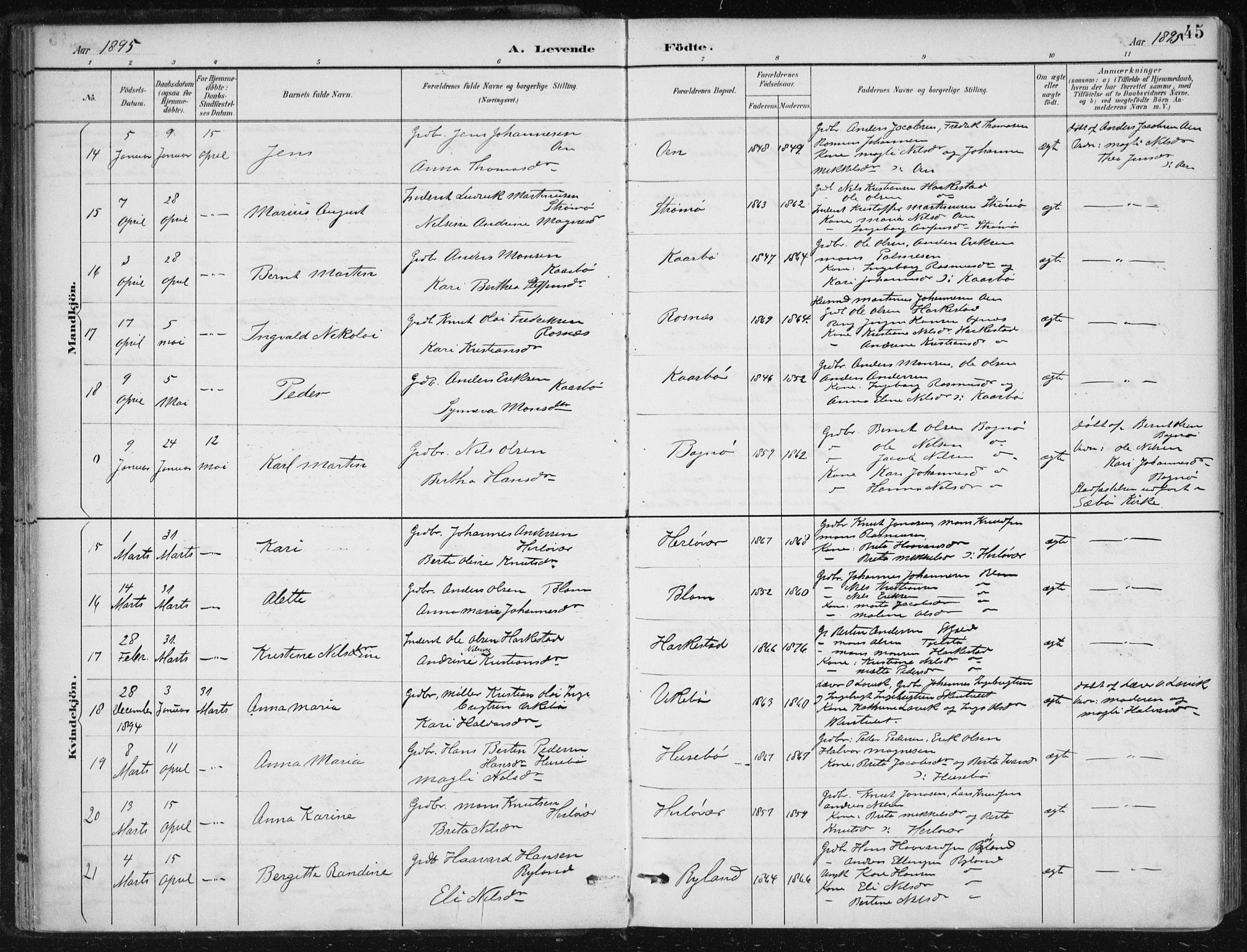 Herdla Sokneprestembete, SAB/A-75701/H/Haa: Parish register (official) no. A 4, 1891-1905, p. 45