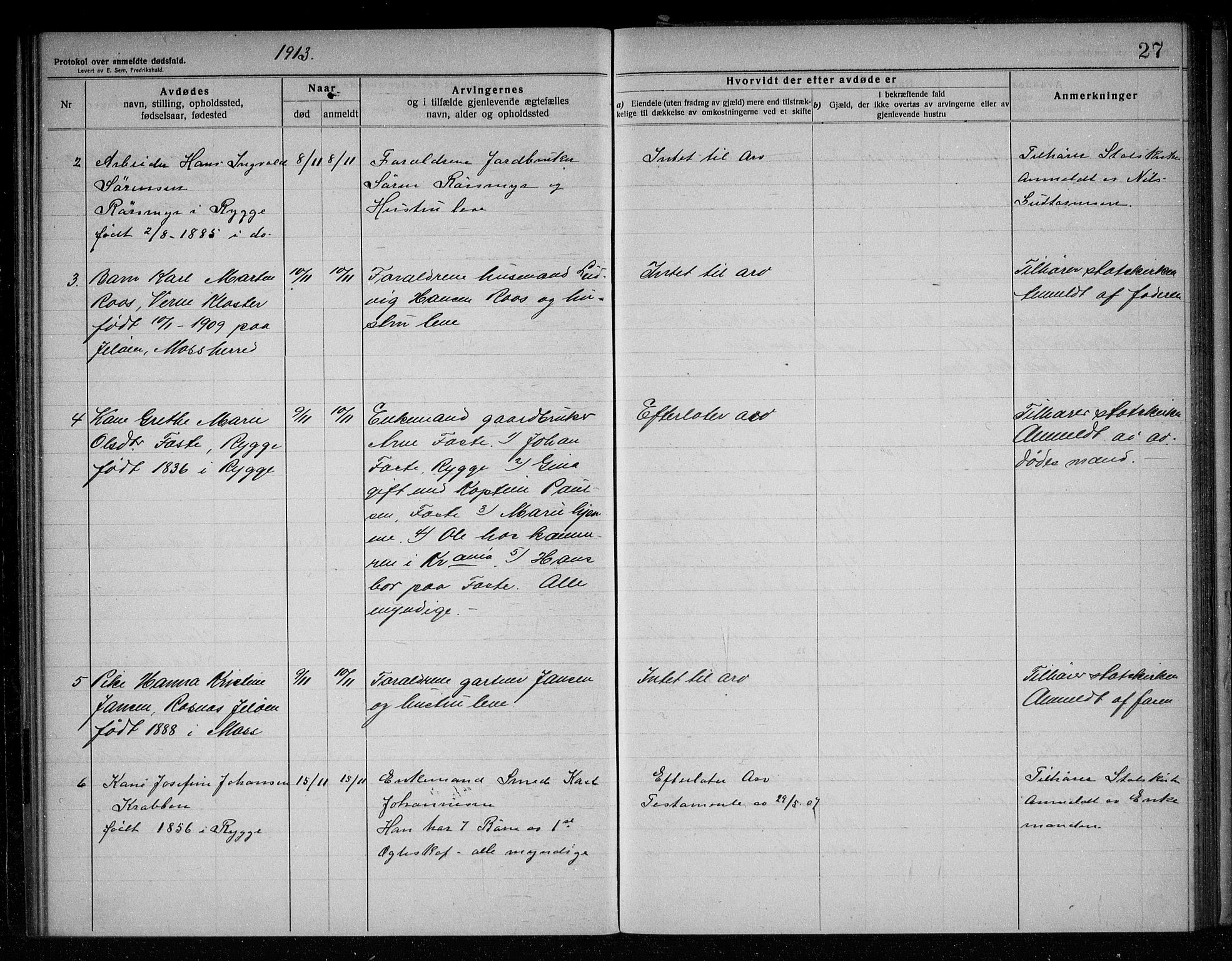 Rygge lensmannskontor, AV/SAO-A-10005/H/Ha/Haa/L0005: Dødsfallsprotokoll, 1912-1916, p. 27