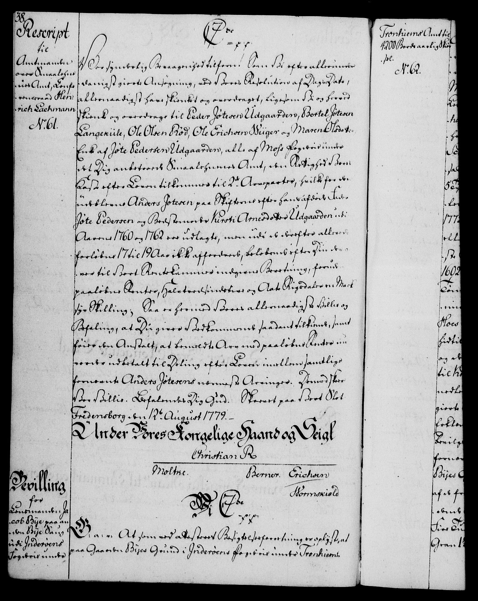 Rentekammeret, Kammerkanselliet, AV/RA-EA-3111/G/Gg/Gga/L0011: Norsk ekspedisjonsprotokoll med register (merket RK 53.11), 1779-1781, p. 38