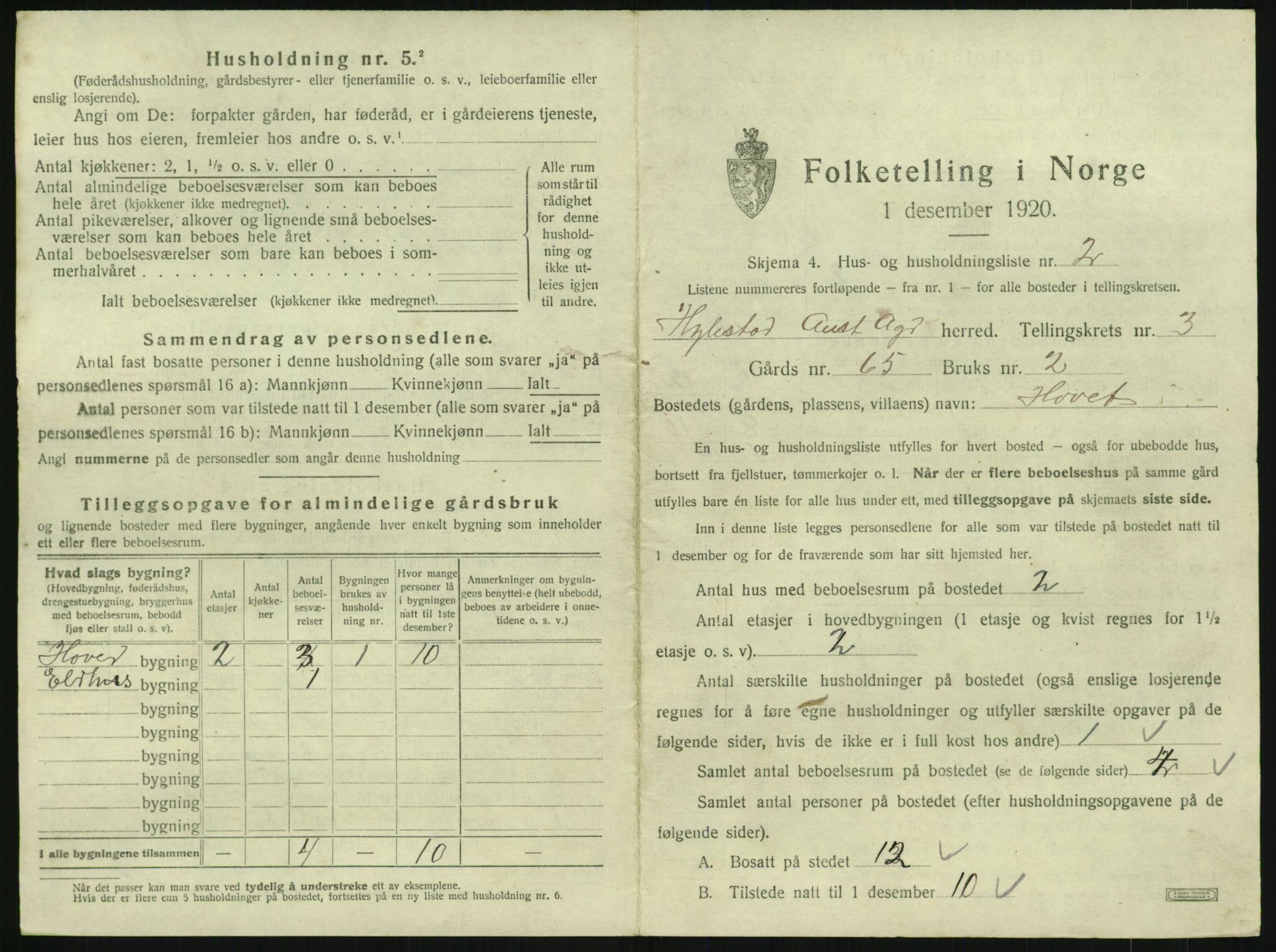 SAK, 1920 census for Hylestad, 1920, p. 128