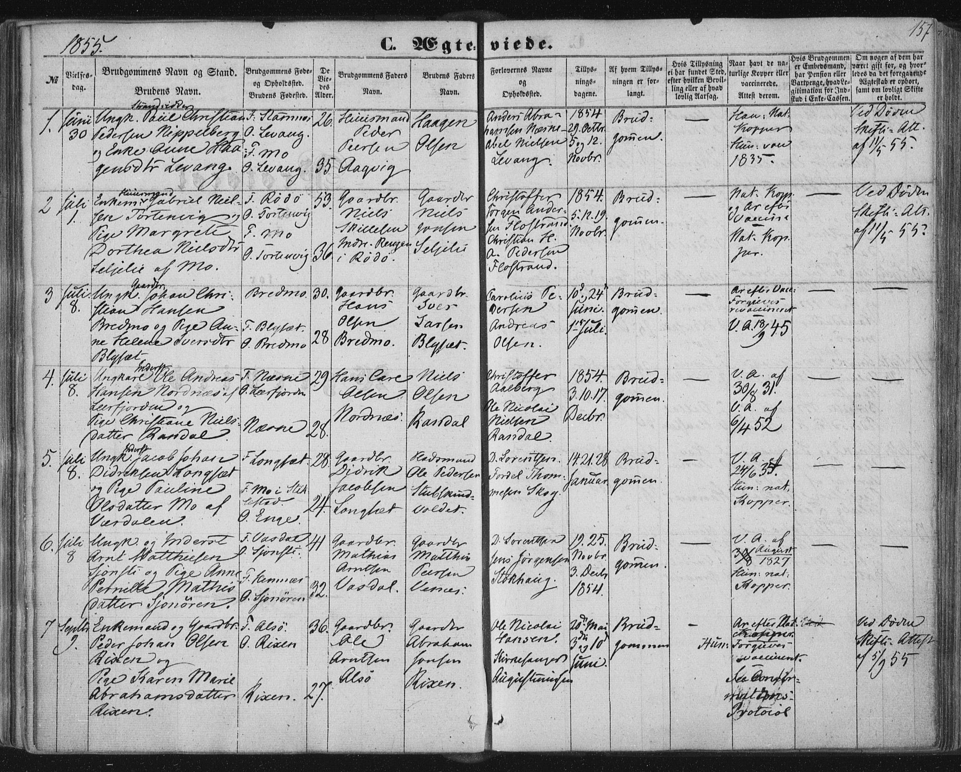 Ministerialprotokoller, klokkerbøker og fødselsregistre - Nordland, SAT/A-1459/838/L0550: Parish register (official) no. 838A08, 1855-1865, p. 157
