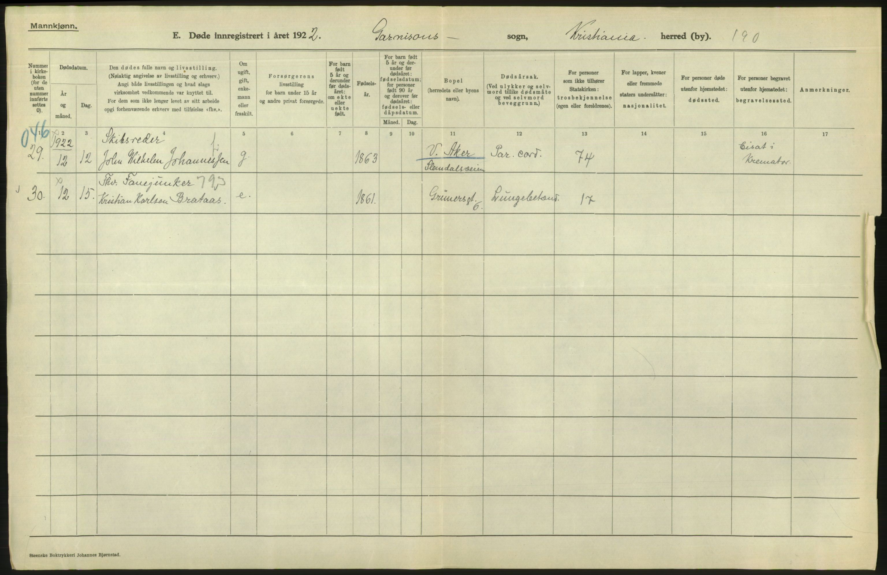 Statistisk sentralbyrå, Sosiodemografiske emner, Befolkning, AV/RA-S-2228/D/Df/Dfc/Dfcb/L0010: Kristiania: Døde, dødfødte, 1922, p. 608