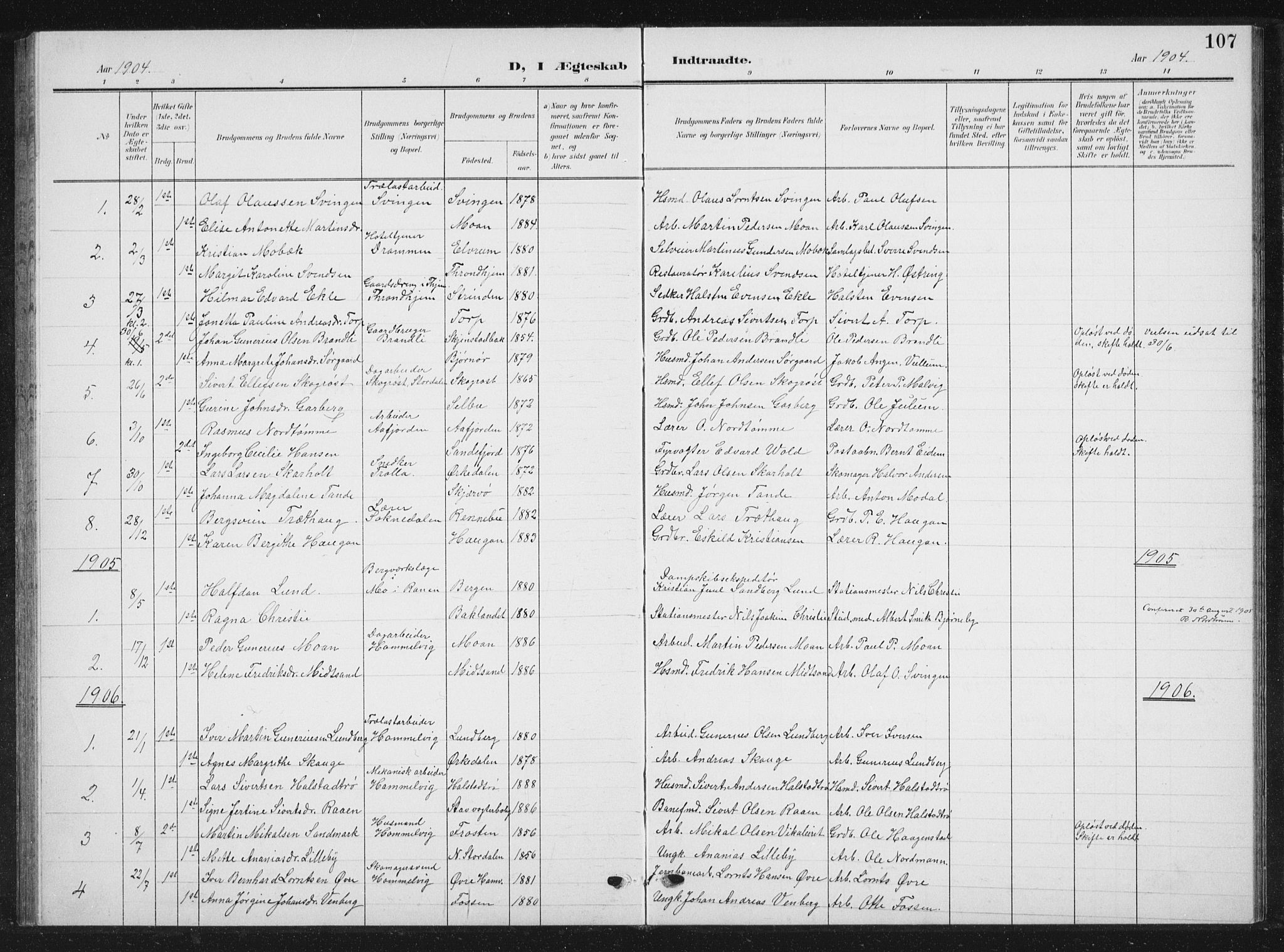 Ministerialprotokoller, klokkerbøker og fødselsregistre - Sør-Trøndelag, SAT/A-1456/616/L0424: Parish register (copy) no. 616C07, 1904-1940, p. 107