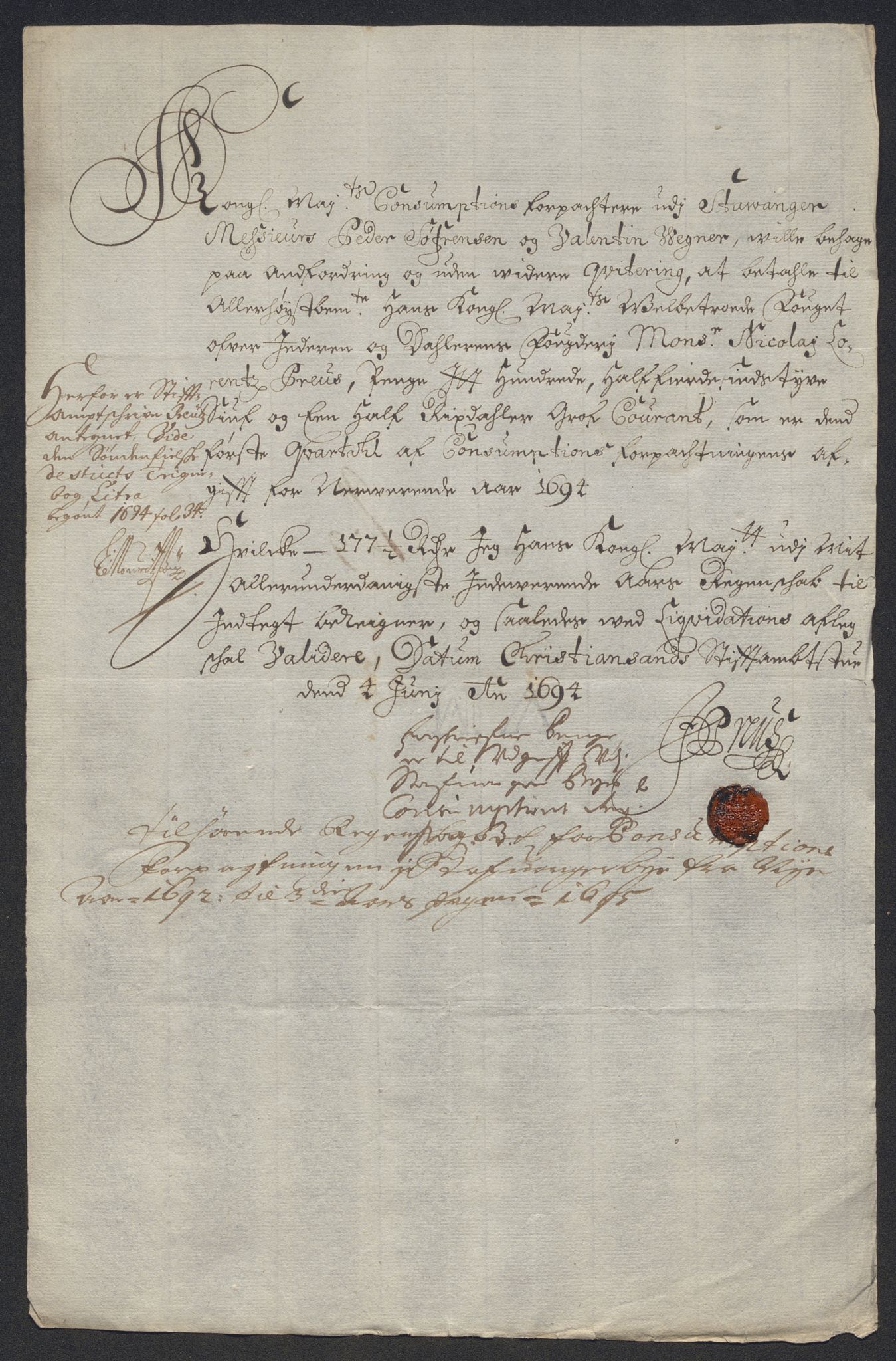 Rentekammeret inntil 1814, Reviderte regnskaper, Byregnskaper, AV/RA-EA-4066/R/Ro/L0333: [O25] Konsumpsjonsregnskap, 1690-1704, p. 111