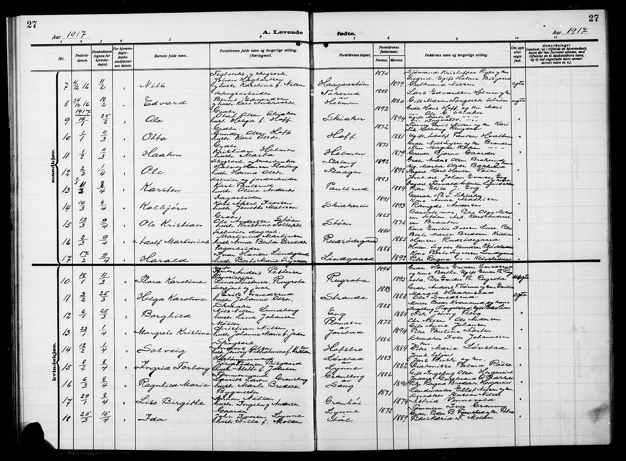 Gran prestekontor, AV/SAH-PREST-112/H/Ha/Hab/L0007: Parish register (copy) no. 7, 1912-1917, p. 27