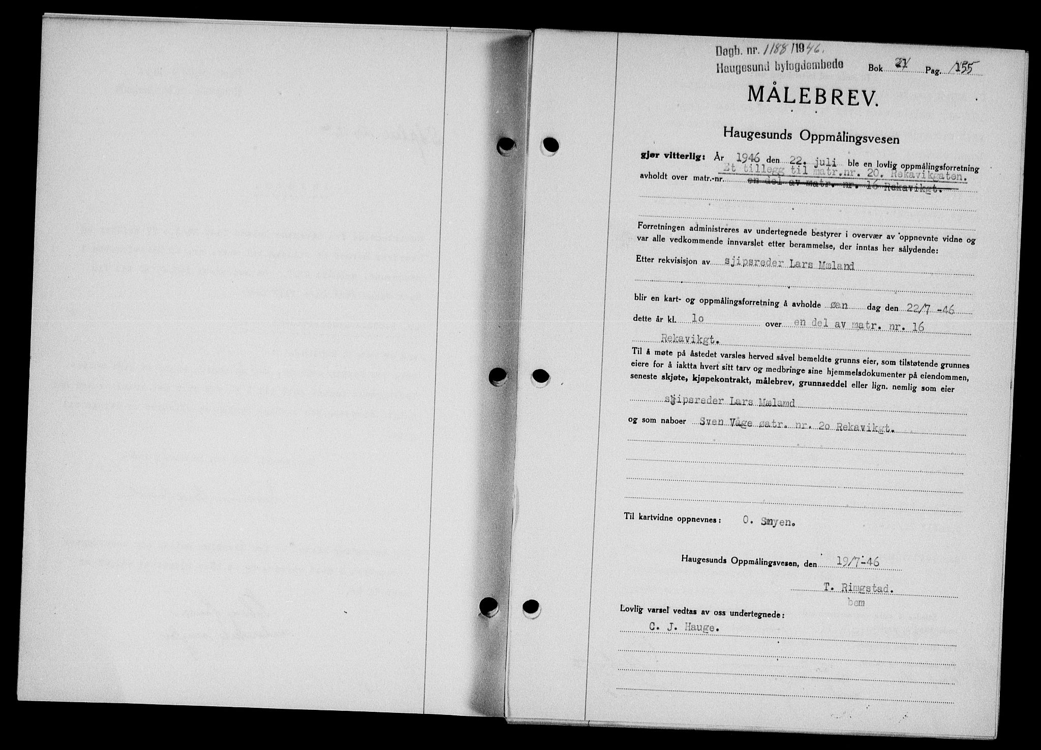 Haugesund tingrett, AV/SAST-A-101415/01/II/IIC/L0063: Mortgage book no. A 4, 1946-1948, Diary no: : 1188/1946