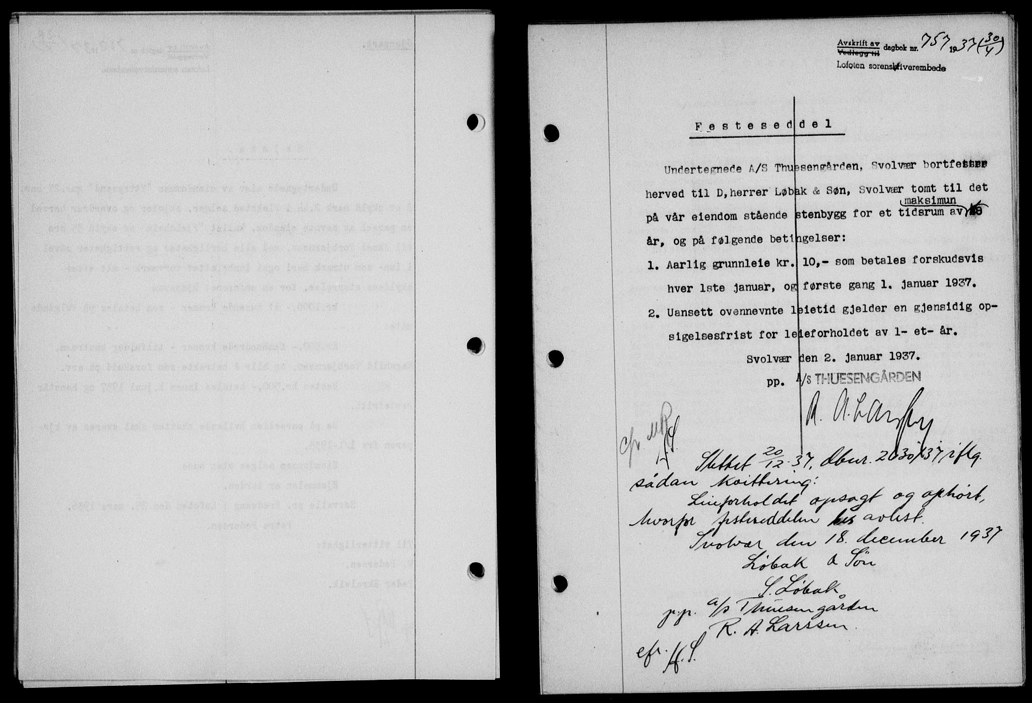 Lofoten sorenskriveri, SAT/A-0017/1/2/2C/L0002a: Mortgage book no. 2a, 1937-1937, Diary no: : 757/1937