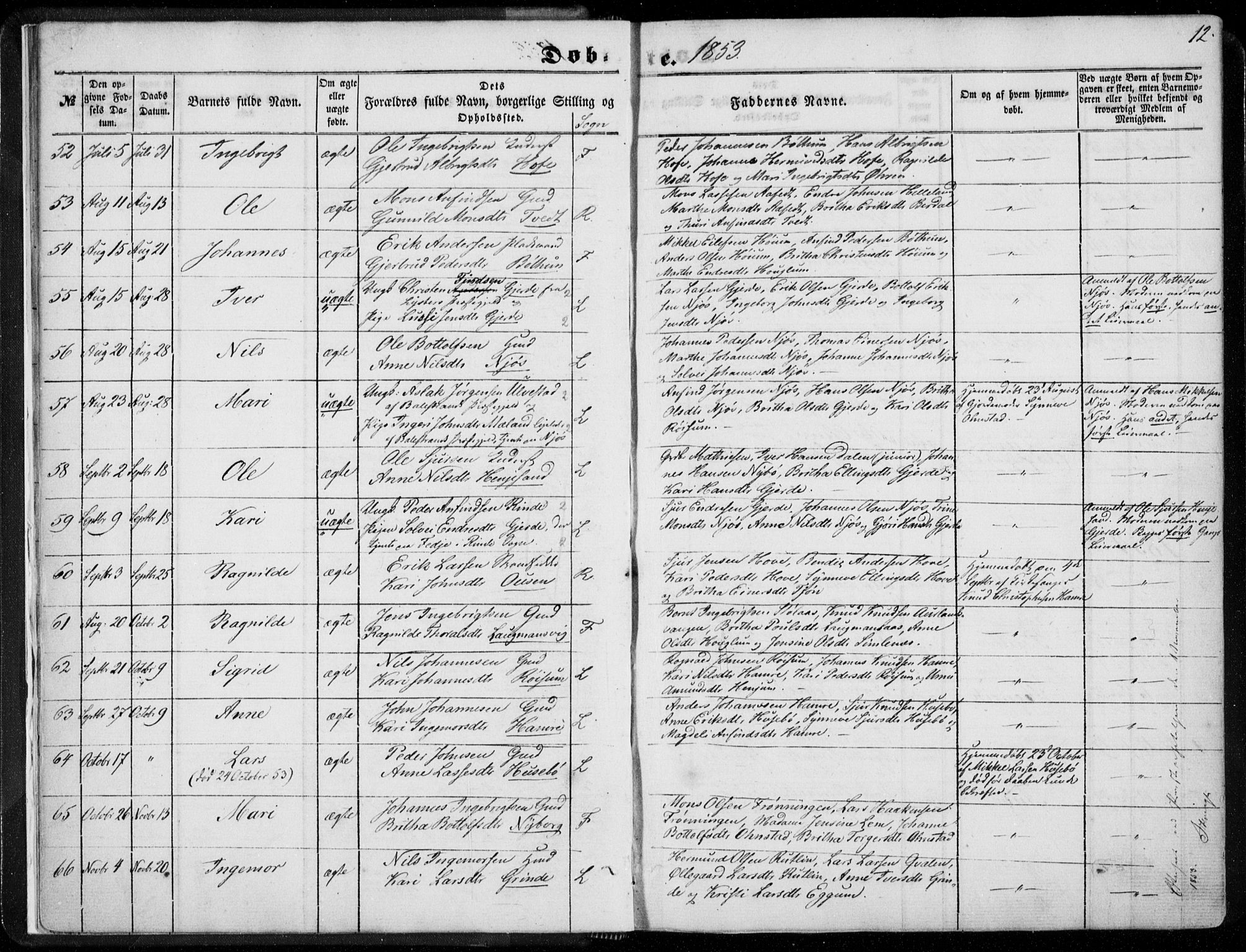 Leikanger sokneprestembete, SAB/A-81001: Parish register (official) no. A 8, 1852-1868, p. 12