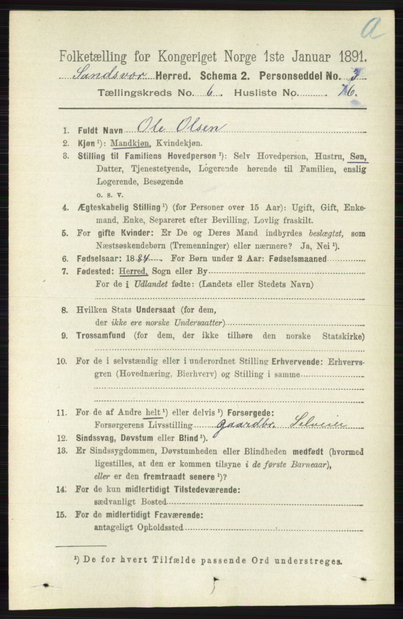 RA, 1891 census for 0629 Sandsvær, 1891, p. 3882
