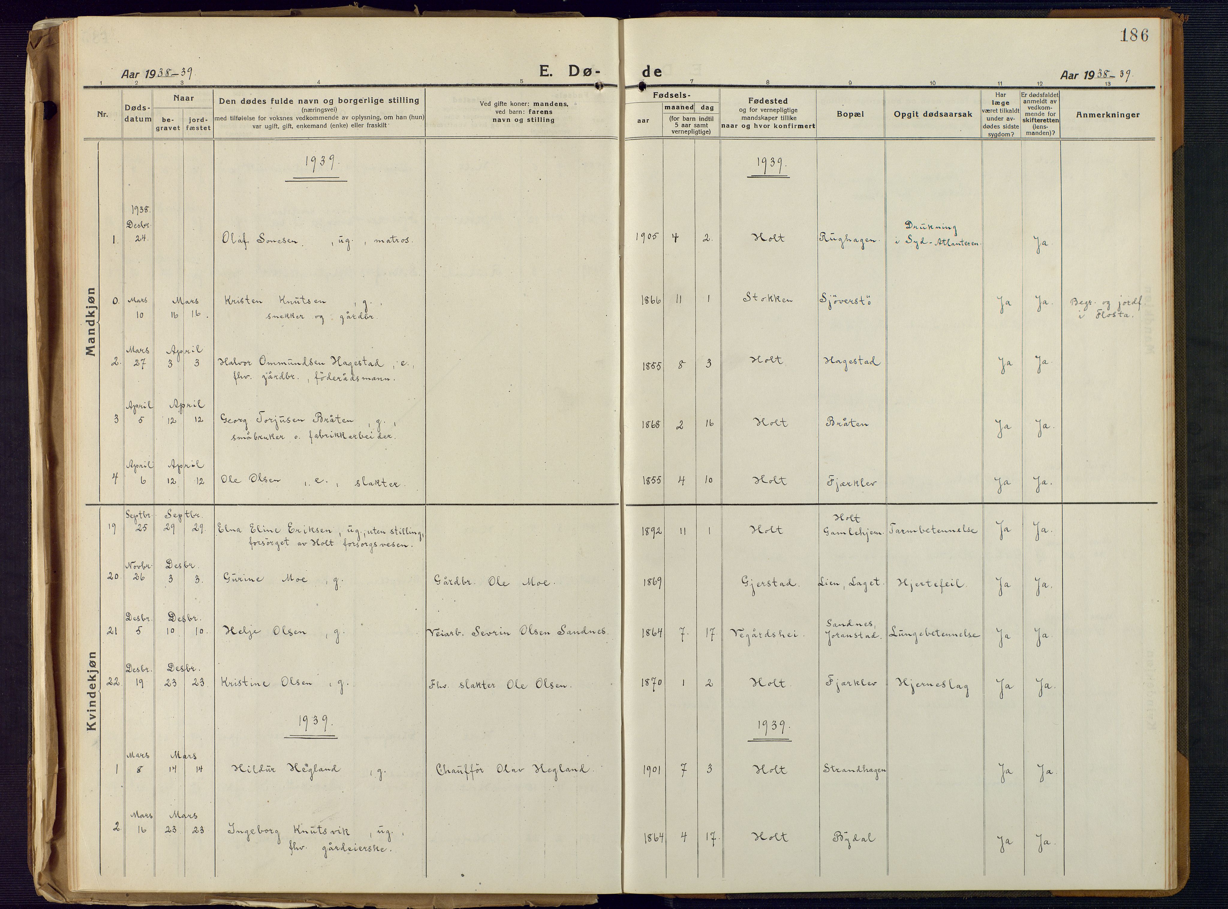 Holt sokneprestkontor, SAK/1111-0021/F/Fb/L0012: Parish register (copy) no. B 12, 1919-1944, p. 186