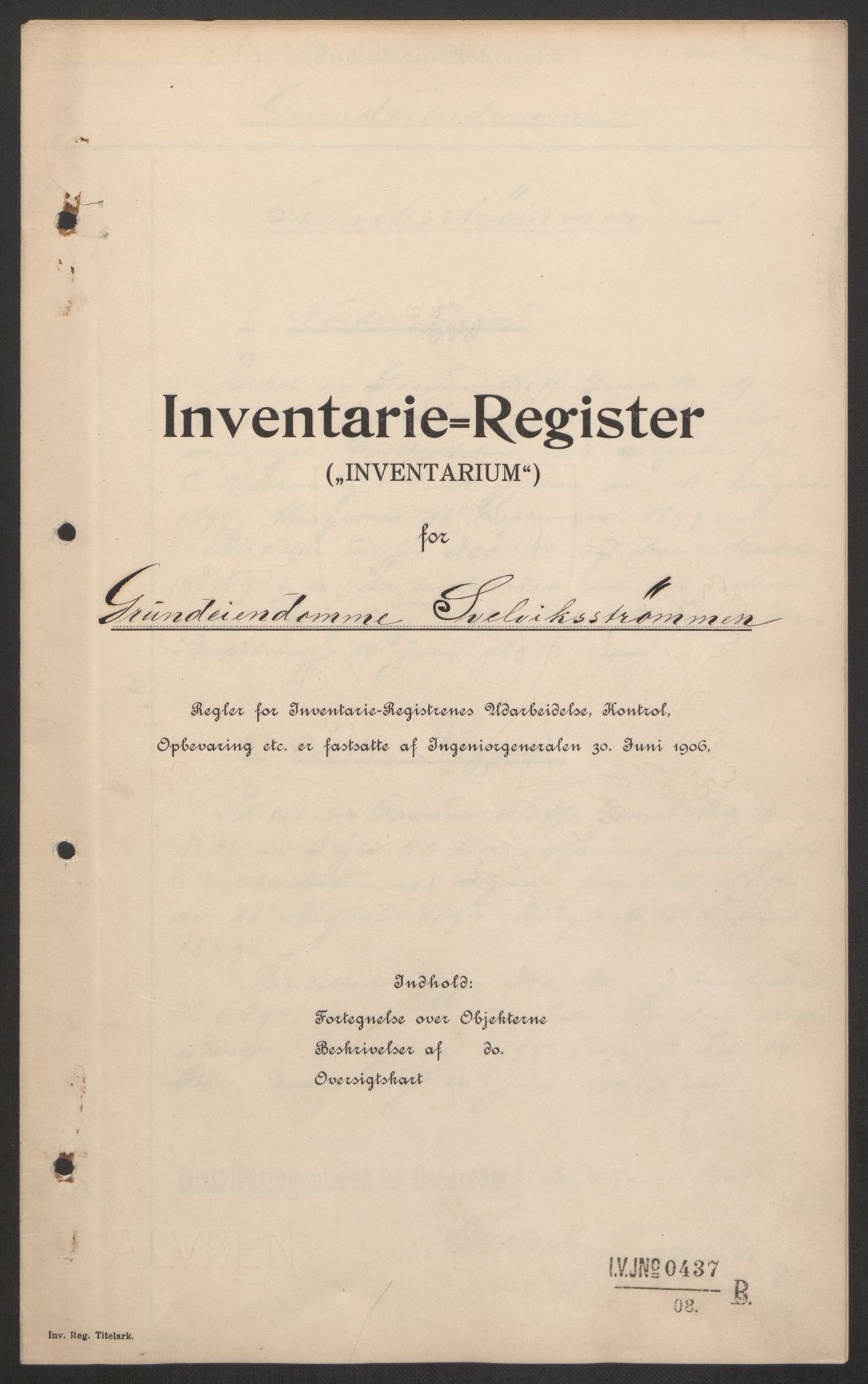 Forsvaret, Ingeniørvåpenets bygningsavdeling, AV/RA-RAFA-1832/F/Fd/L0022/0001: -- / Svelvikstrømmens befestninger. Inventarium, 1908-1926, p. 3