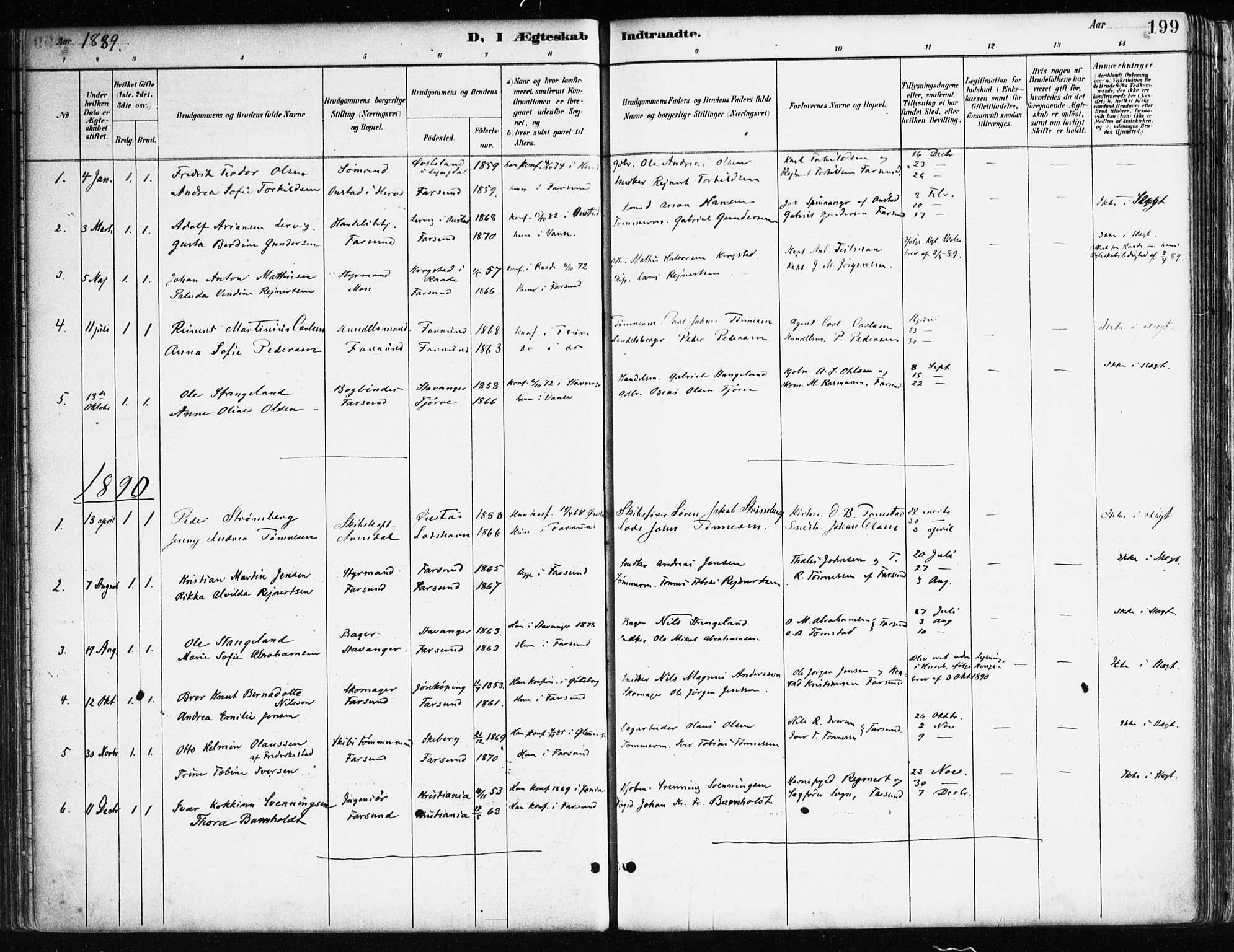 Farsund sokneprestkontor, AV/SAK-1111-0009/F/Fa/L0006: Parish register (official) no. A 6, 1887-1920, p. 199