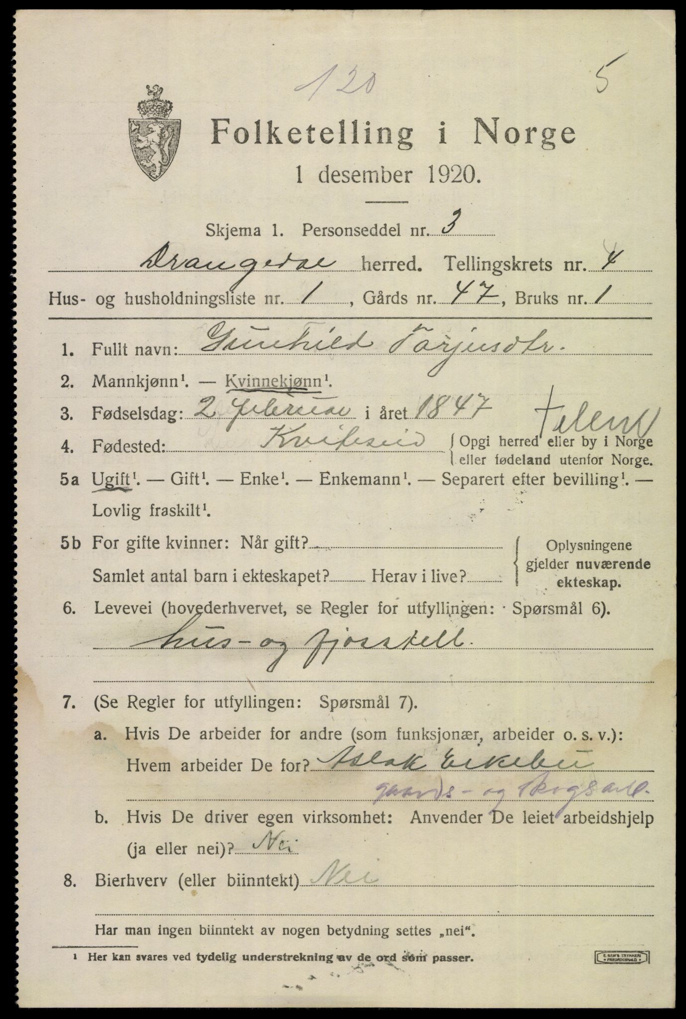 SAKO, 1920 census for Drangedal, 1920, p. 3151