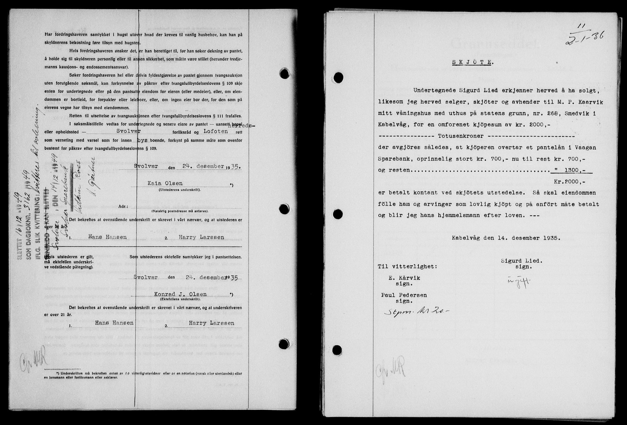 Lofoten sorenskriveri, SAT/A-0017/1/2/2C/L0033b: Mortgage book no. 33b, 1936-1936, Diary no: : 11/1936