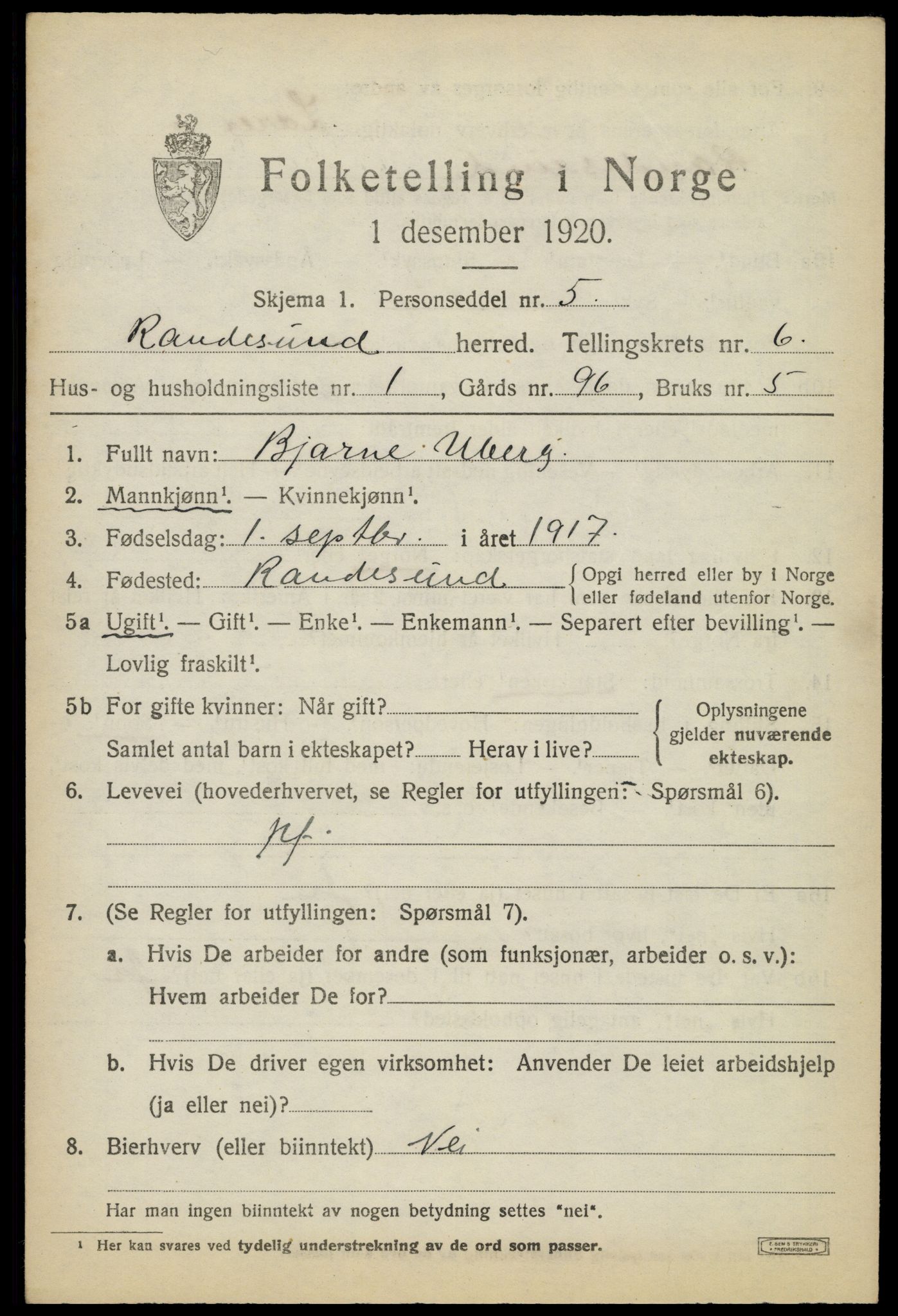 SAK, 1920 census for Randesund, 1920, p. 2754