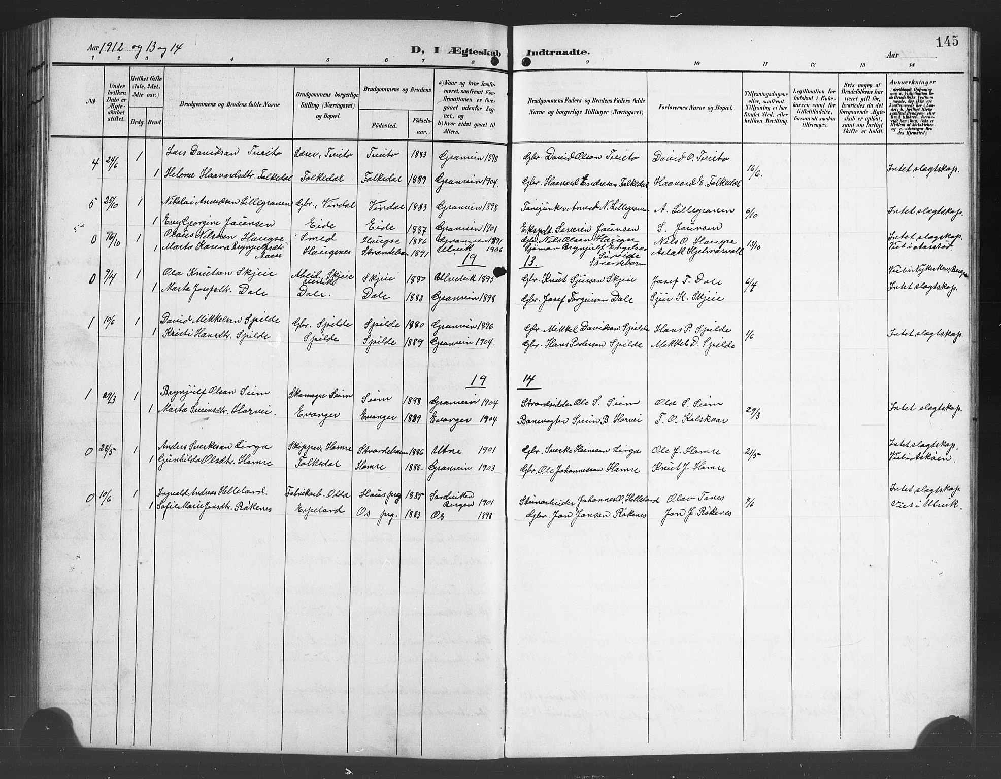 Ulvik sokneprestembete, AV/SAB-A-78801/H/Hab: Parish register (copy) no. B 4, 1902-1923, p. 145
