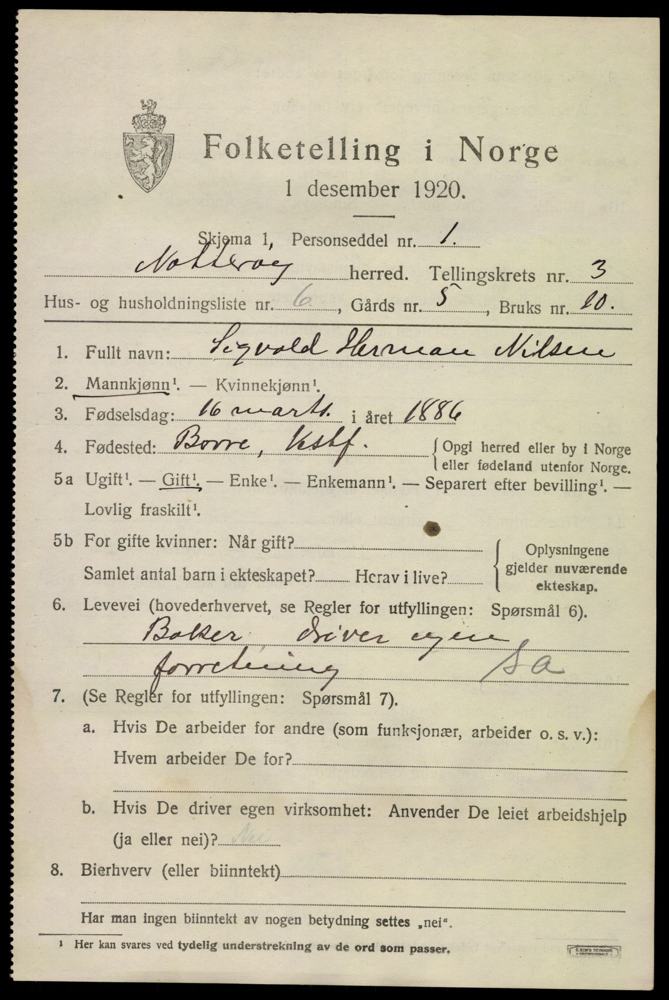 SAKO, 1920 census for Nøtterøy, 1920, p. 5593