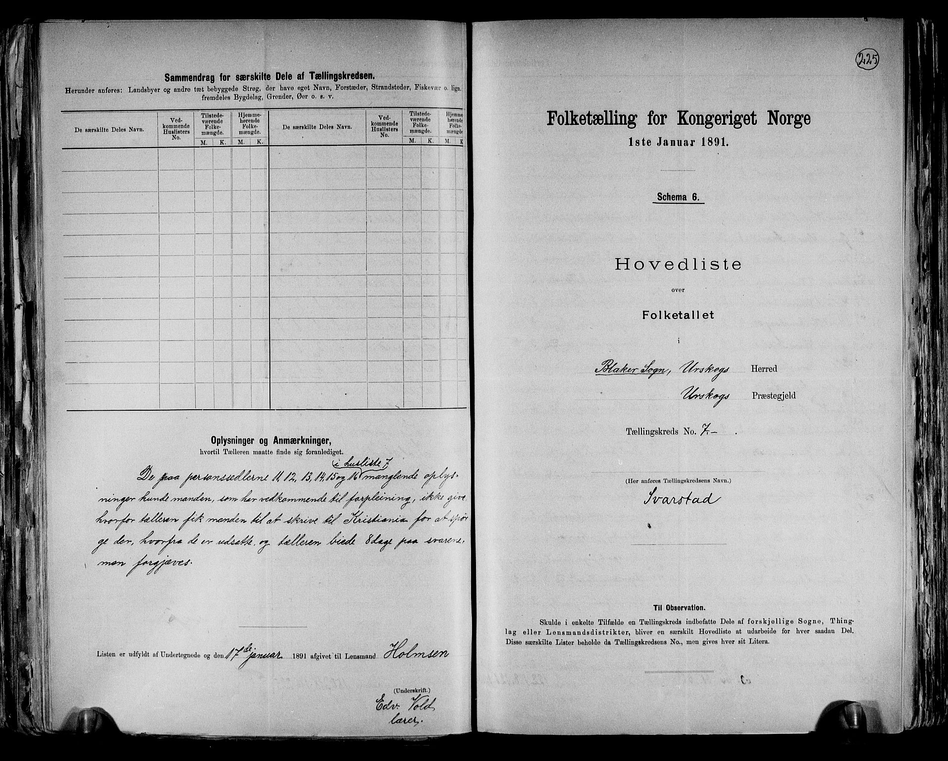 RA, 1891 census for 0224 Aurskog, 1891, p. 22