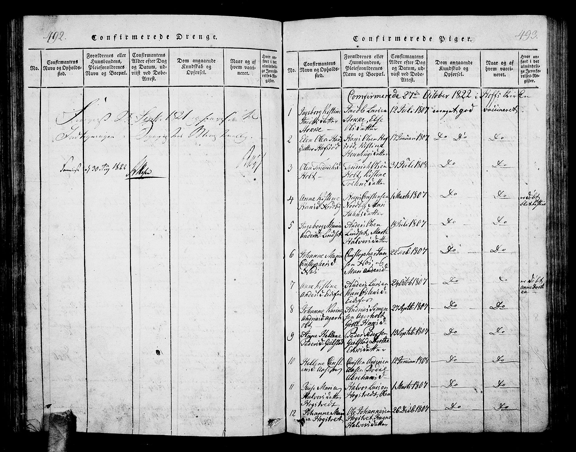 Hof kirkebøker, AV/SAKO-A-64/G/Ga/L0001: Parish register (copy) no. I 1, 1814-1844, p. 492-493