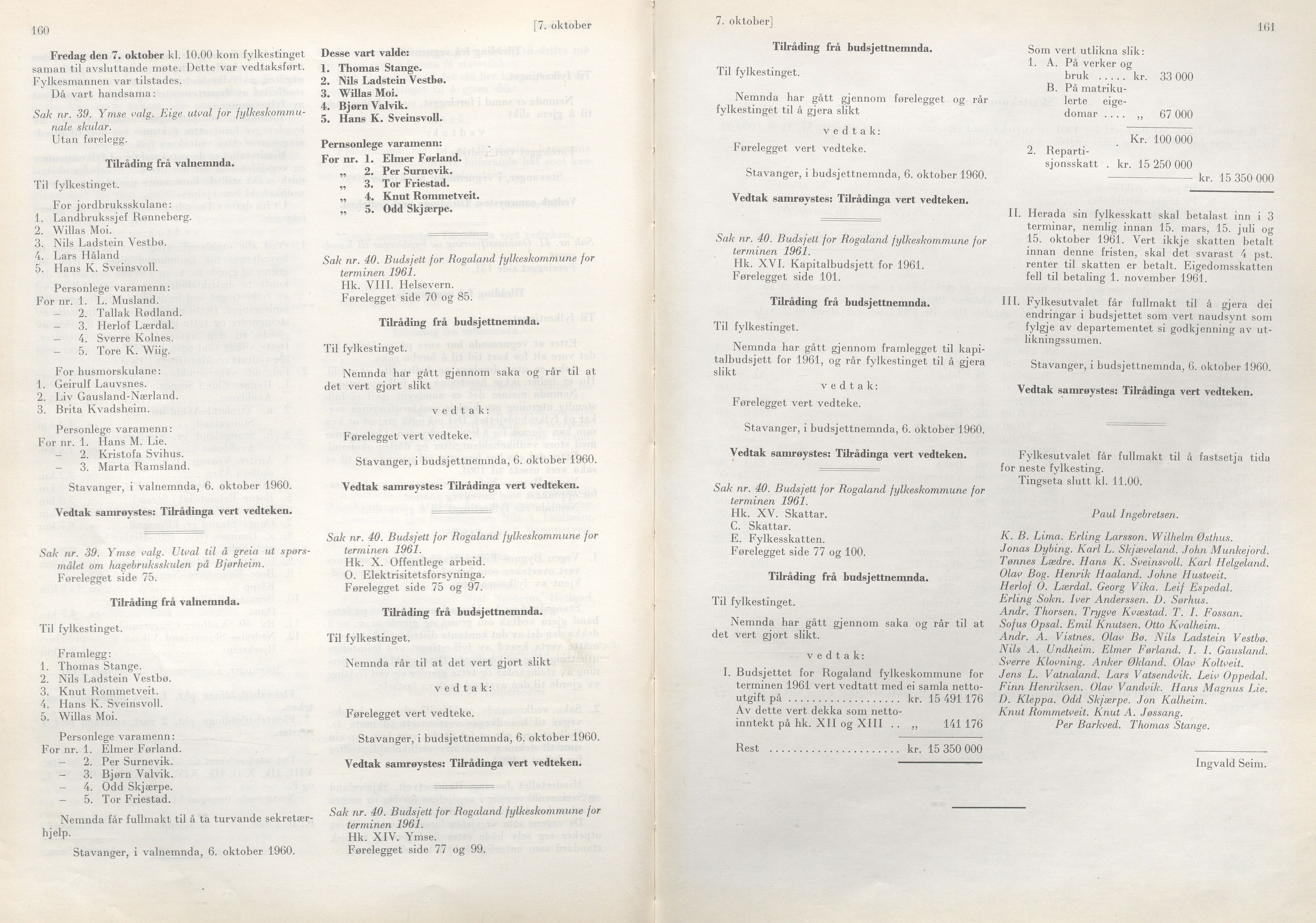 Rogaland fylkeskommune - Fylkesrådmannen , IKAR/A-900/A/Aa/Aaa/L0080: Møtebok , 1960, p. 160-161