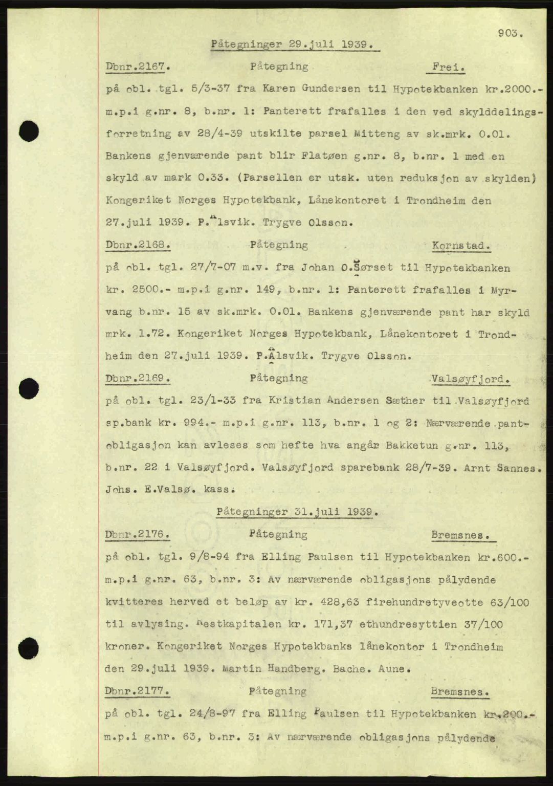 Nordmøre sorenskriveri, AV/SAT-A-4132/1/2/2Ca: Mortgage book no. C80, 1936-1939, Diary no: : 2167/1939