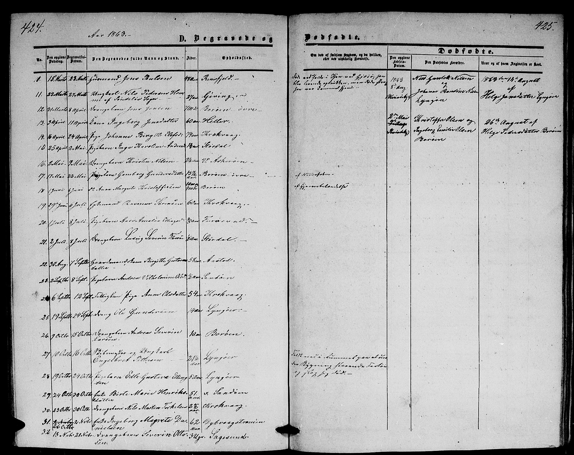 Dypvåg sokneprestkontor, AV/SAK-1111-0007/F/Fb/Fba/L0011: Parish register (copy) no. B 11, 1857-1872, p. 424-425