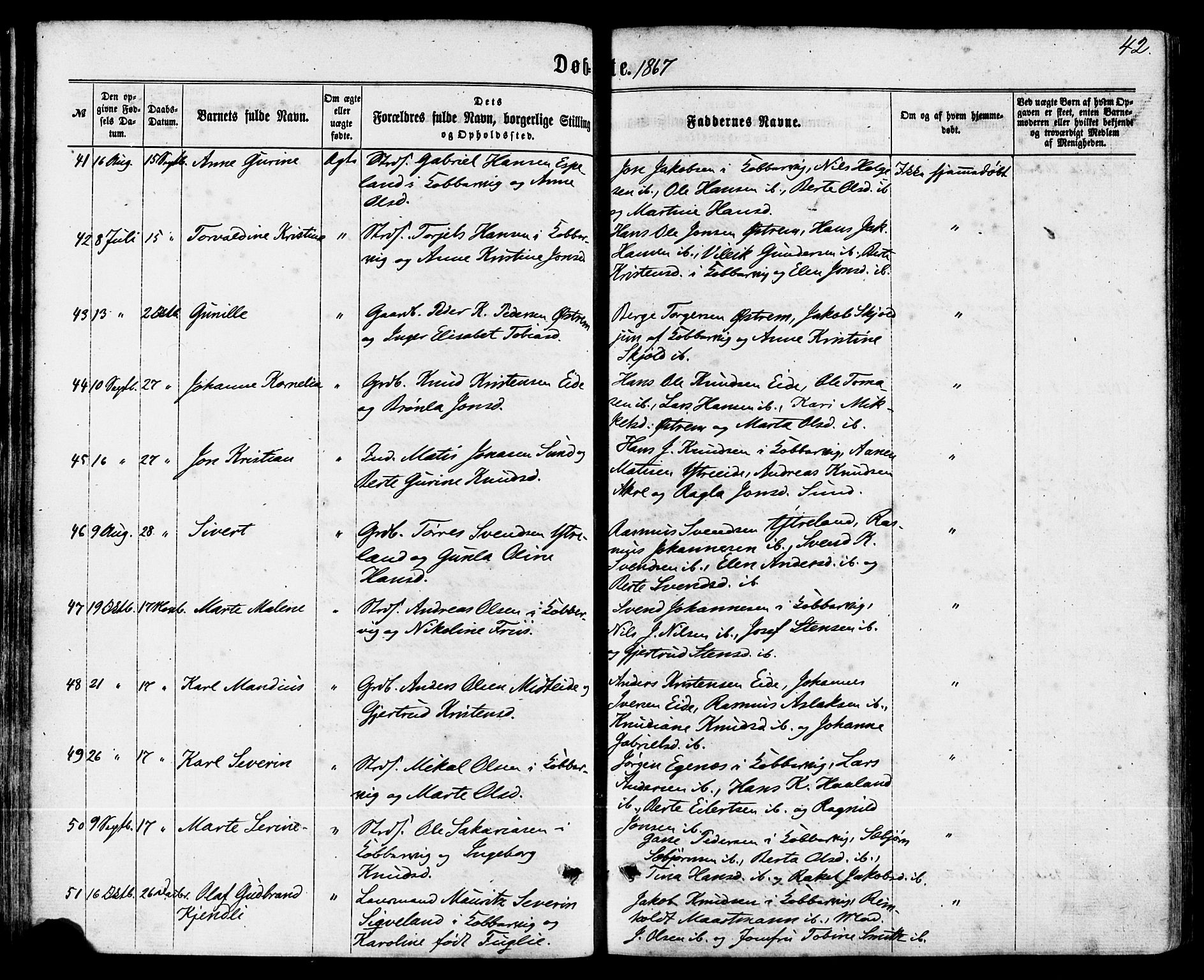 Avaldsnes sokneprestkontor, AV/SAST-A -101851/H/Ha/Haa/L0011: Parish register (official) no. A 11, 1861-1880, p. 42