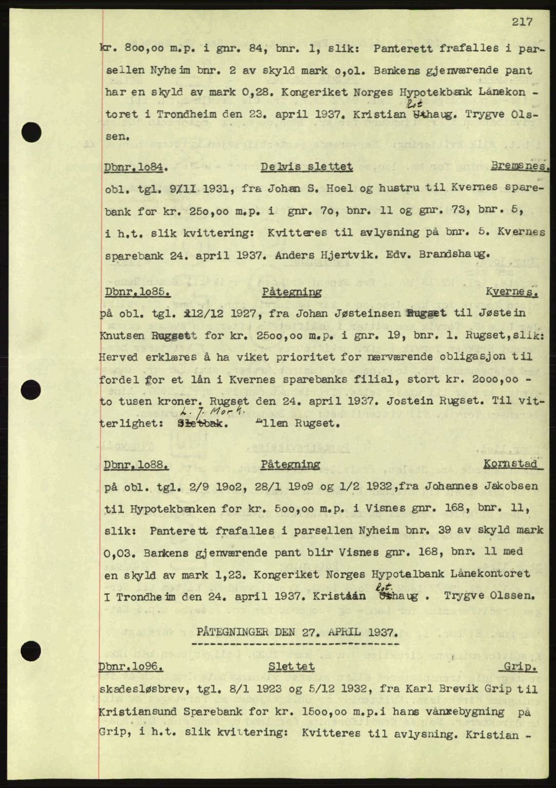 Nordmøre sorenskriveri, AV/SAT-A-4132/1/2/2Ca: Mortgage book no. C80, 1936-1939, Diary no: : 1084/1937