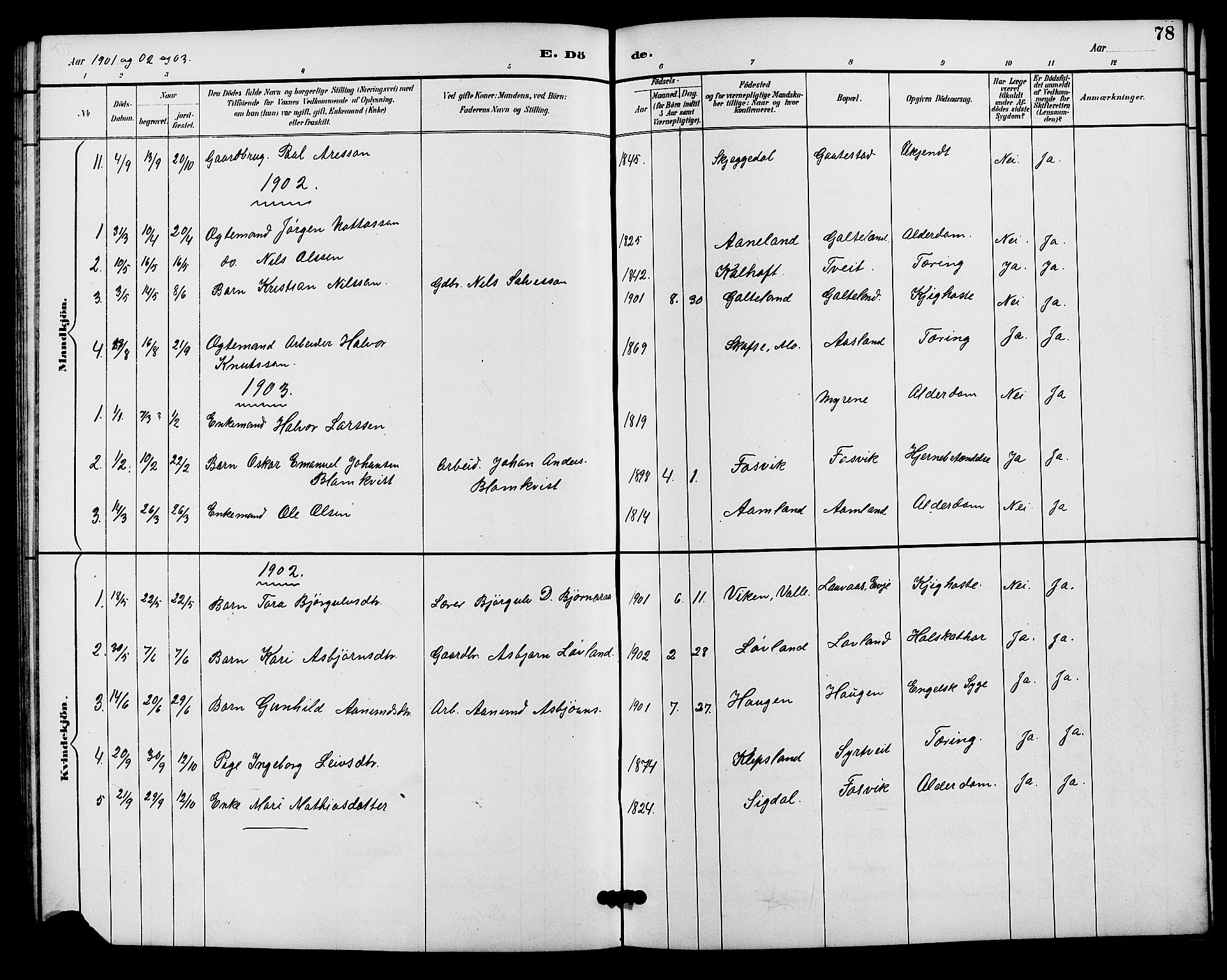 Evje sokneprestkontor, AV/SAK-1111-0008/F/Fb/Fba/L0003: Parish register (copy) no. B 3, 1888-1903, p. 78