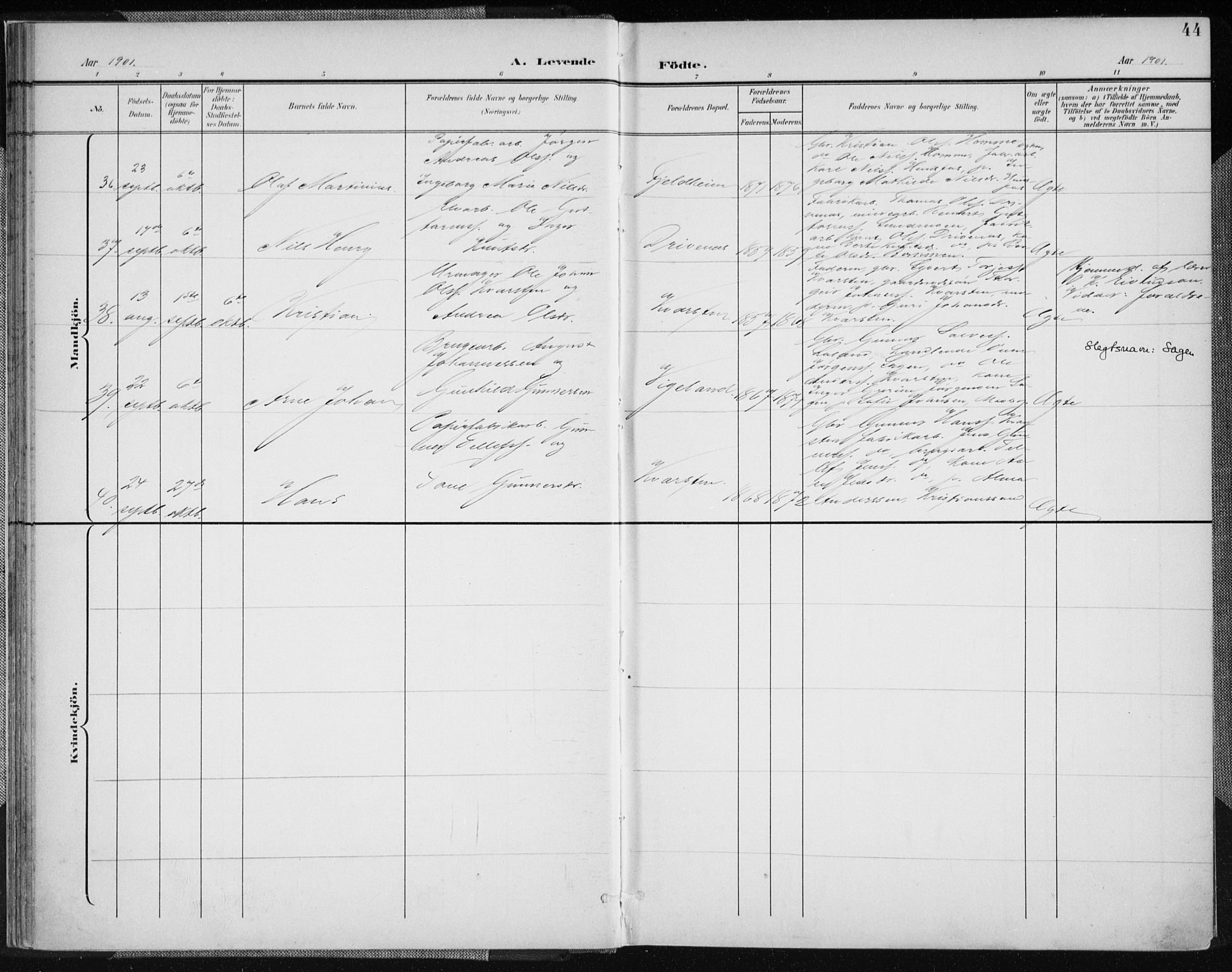 Vennesla sokneprestkontor, AV/SAK-1111-0045/Fa/Fab/L0005: Parish register (official) no. A 5, 1897-1909, p. 44