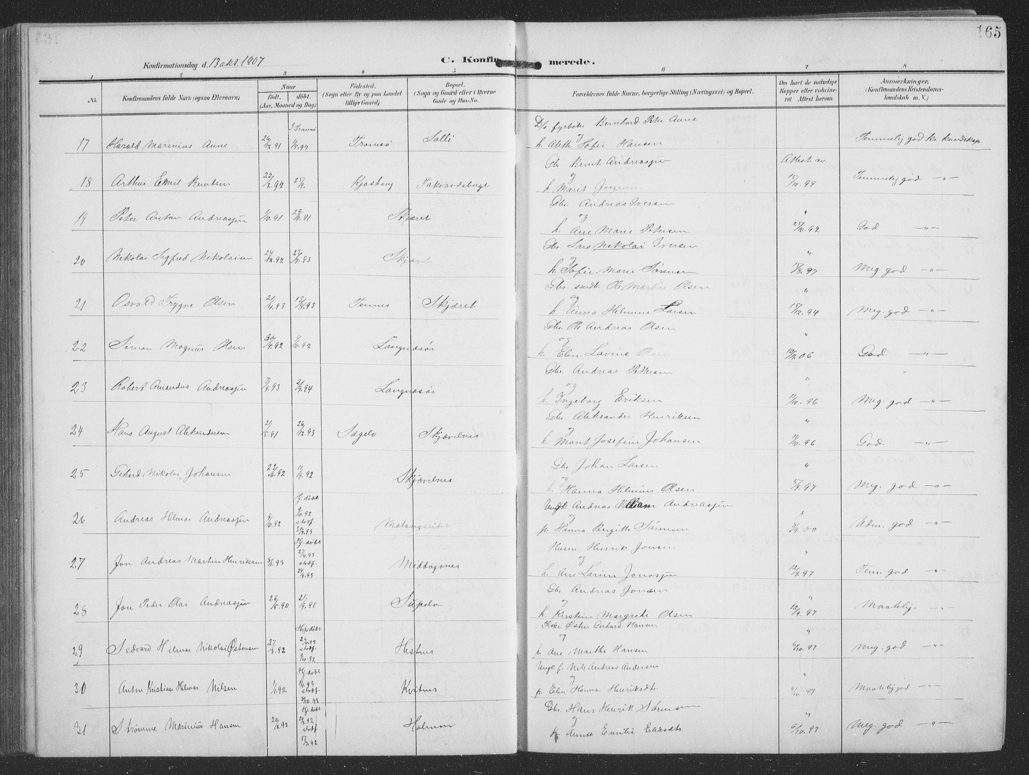 Balsfjord sokneprestembete, AV/SATØ-S-1303/G/Ga/L0009klokker: Parish register (copy) no. 9, 1906-1920, p. 165