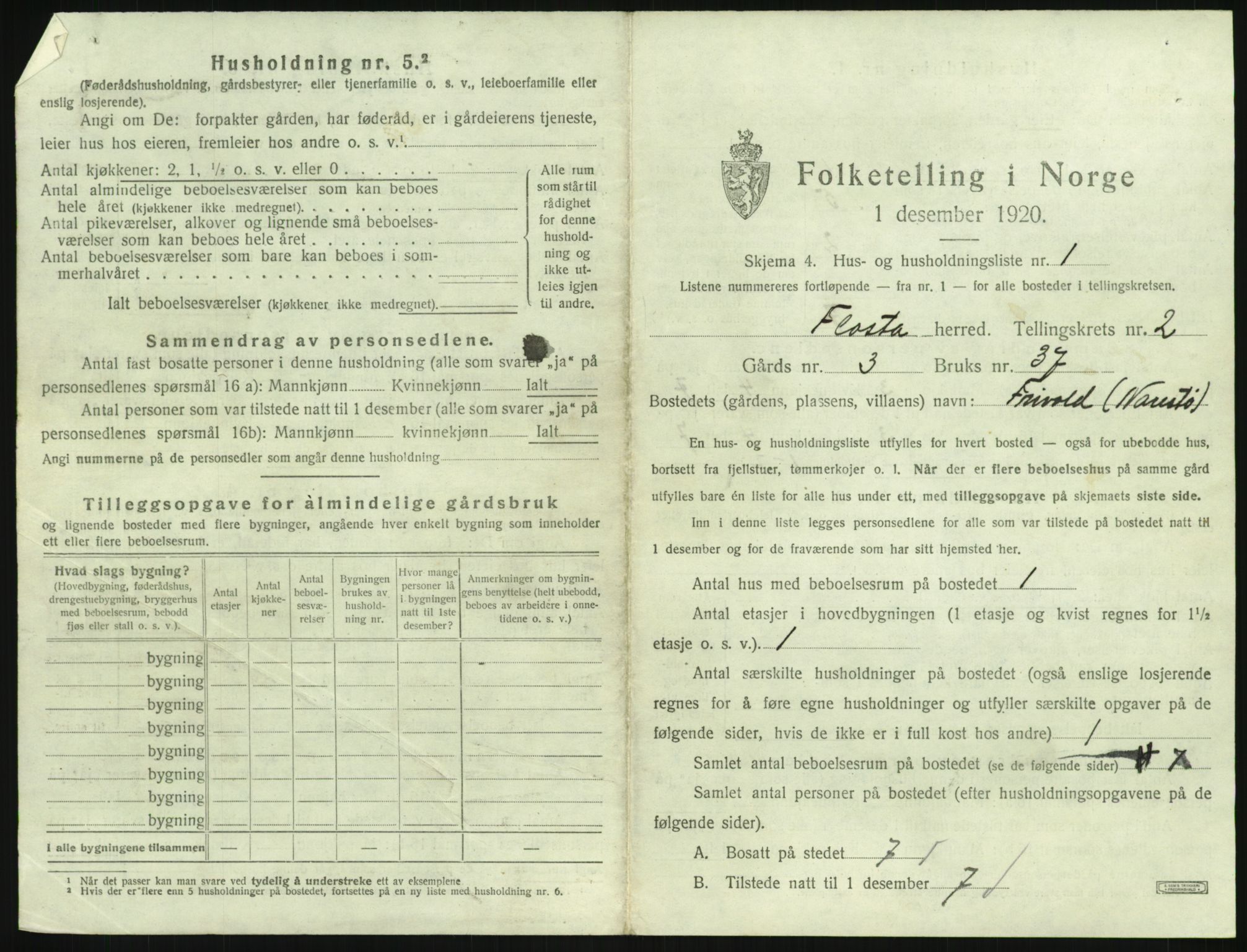 SAK, 1920 census for Flosta, 1920, p. 110