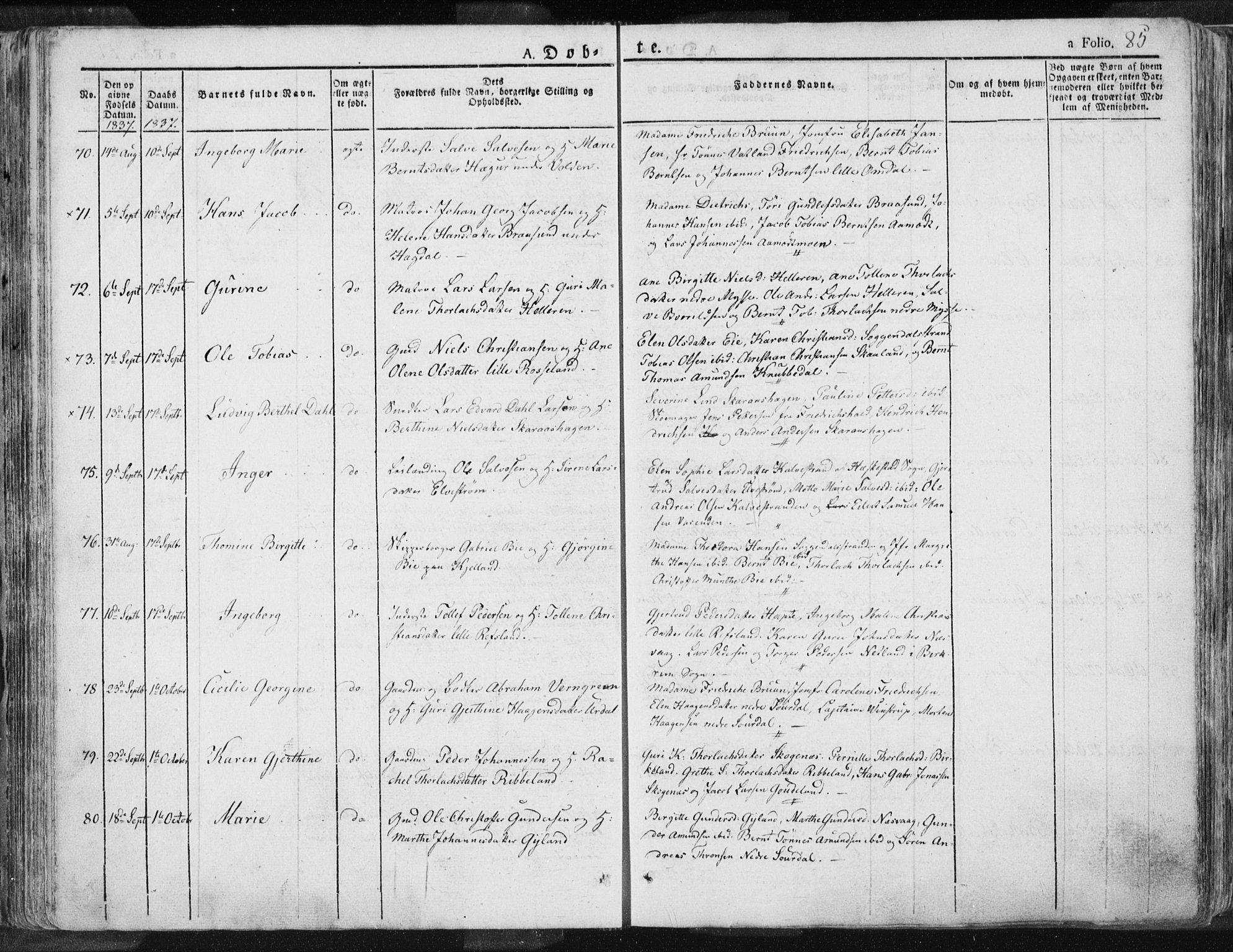 Sokndal sokneprestkontor, AV/SAST-A-101808: Parish register (official) no. A 7.1, 1826-1842, p. 85