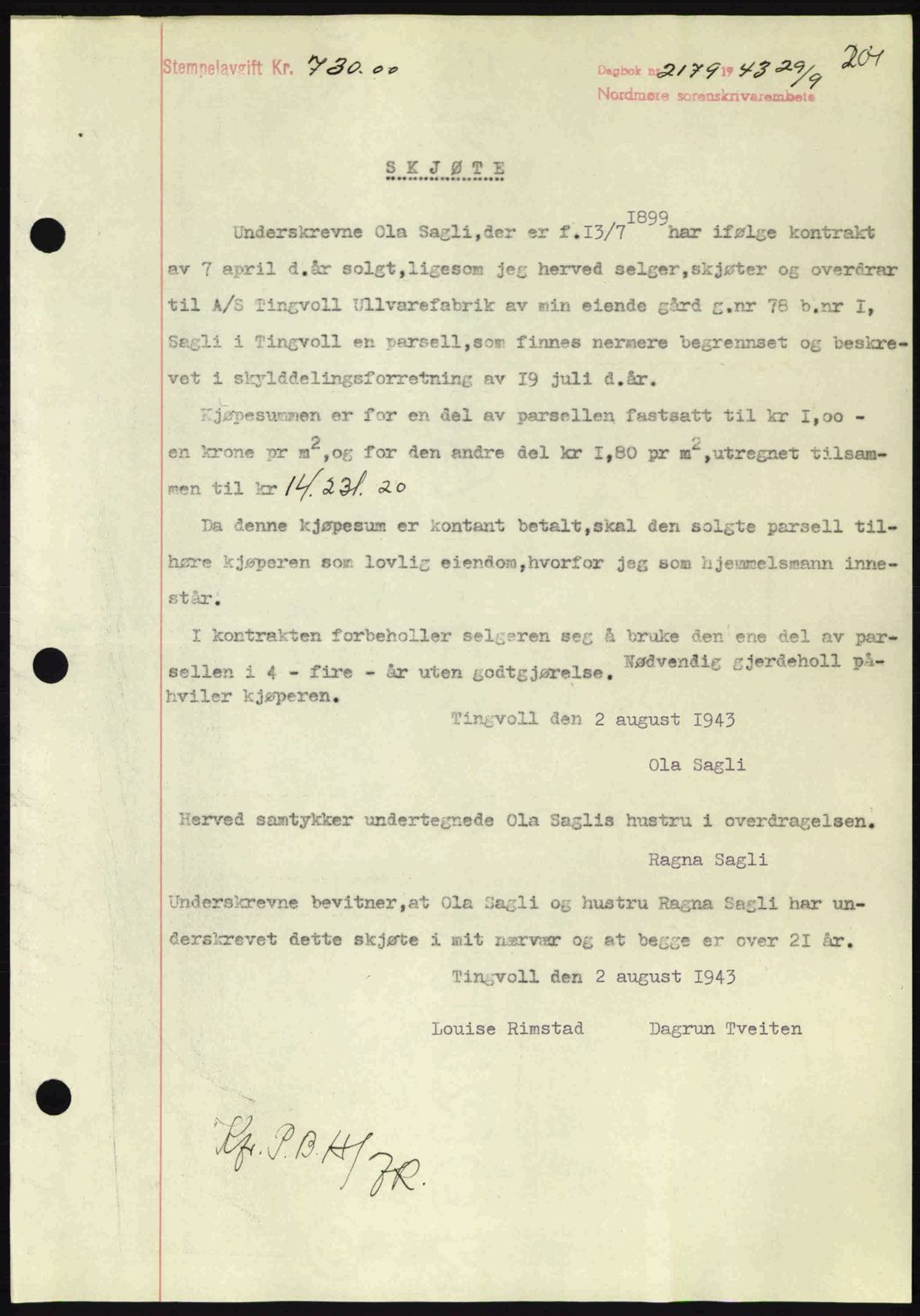 Nordmøre sorenskriveri, SAT/A-4132/1/2/2Ca: Mortgage book no. A96, 1943-1944, Diary no: : 2179/1943
