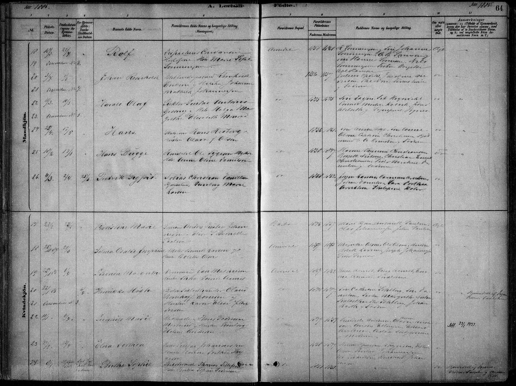 Arendal sokneprestkontor, Trefoldighet, AV/SAK-1111-0040/F/Fa/L0008: Parish register (official) no. A 8, 1878-1899, p. 64