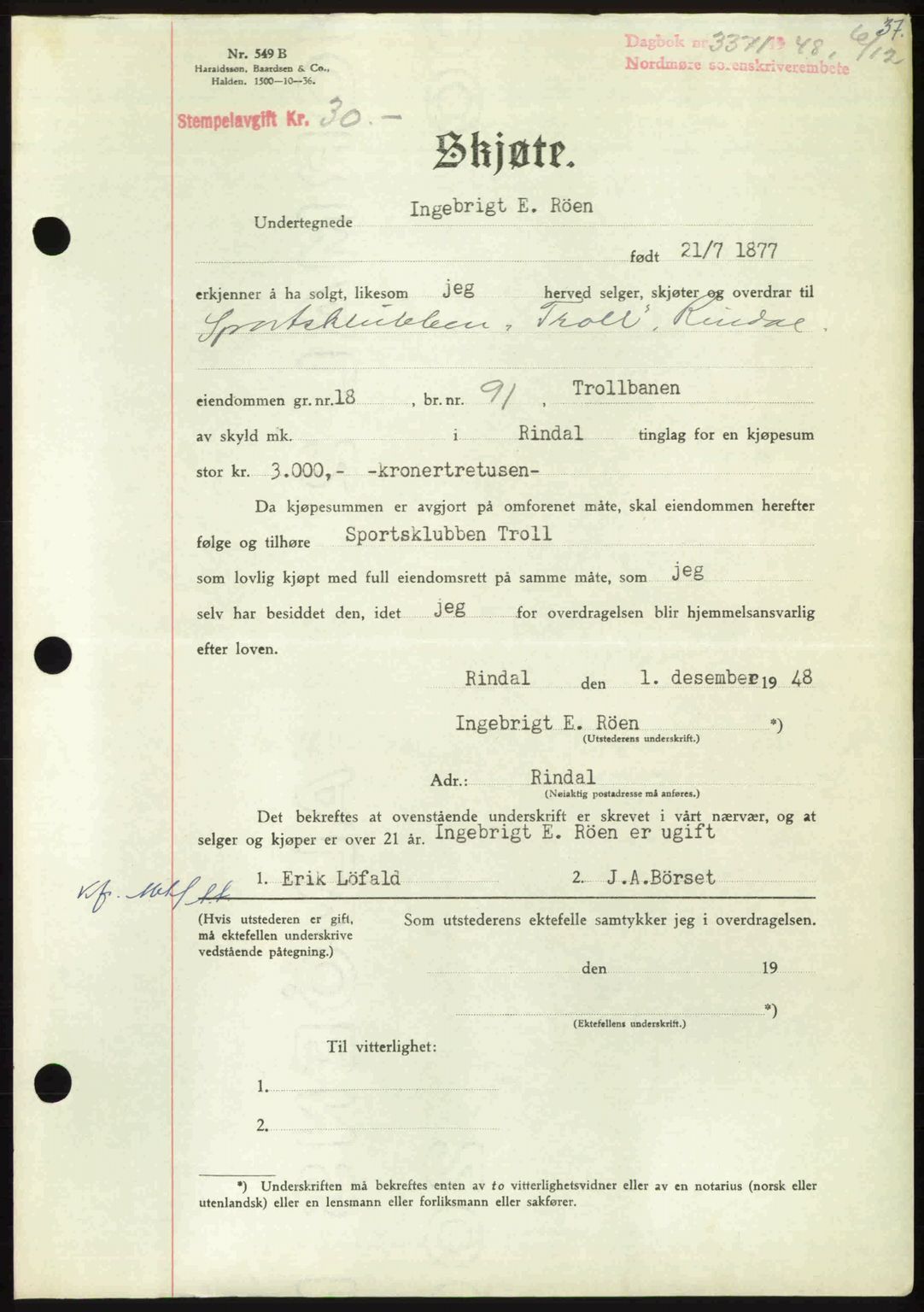 Nordmøre sorenskriveri, AV/SAT-A-4132/1/2/2Ca: Mortgage book no. A110, 1948-1949, Diary no: : 3371/1948