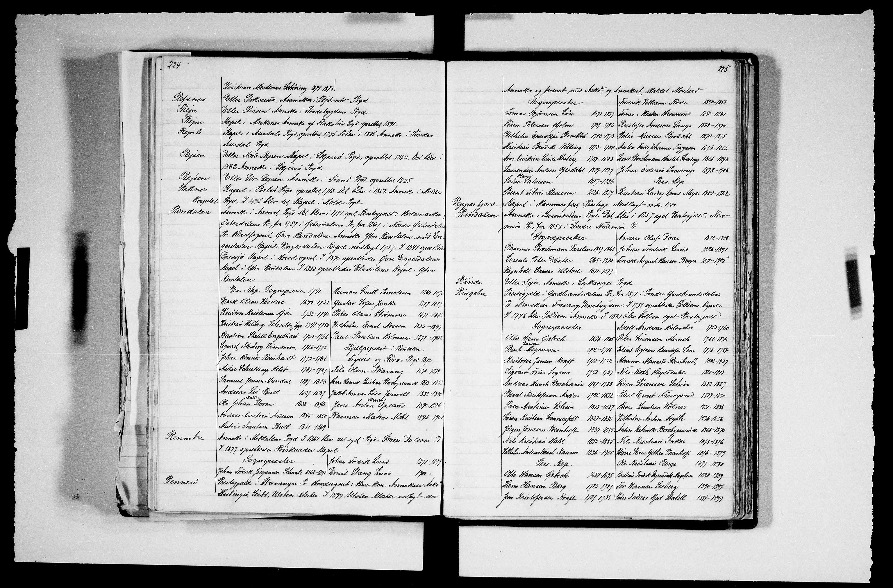 Manuskriptsamlingen, RA/EA-3667/F/L0111a: Schiørn, Fredrik; Den norske kirkes embeter og prester 1700-1900, Embeter, 1700-1900, p. 224-225