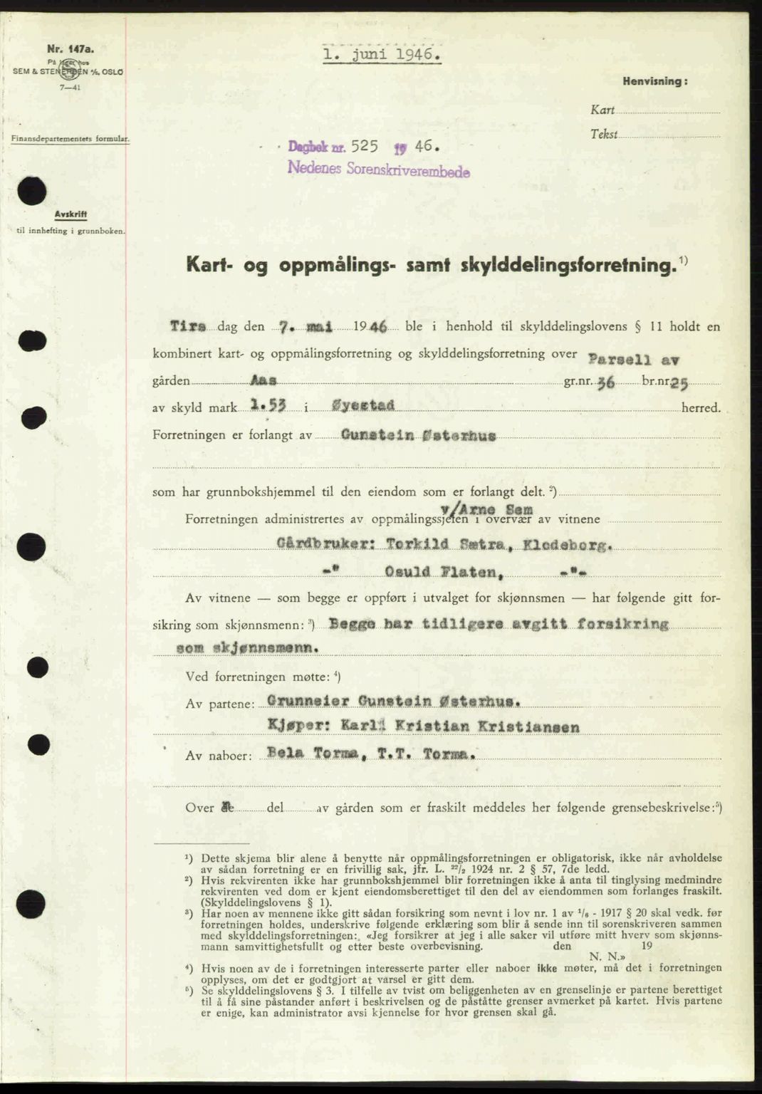 Nedenes sorenskriveri, SAK/1221-0006/G/Gb/Gba/L0054: Mortgage book no. A6c, 1946-1946, Diary no: : 525/1946